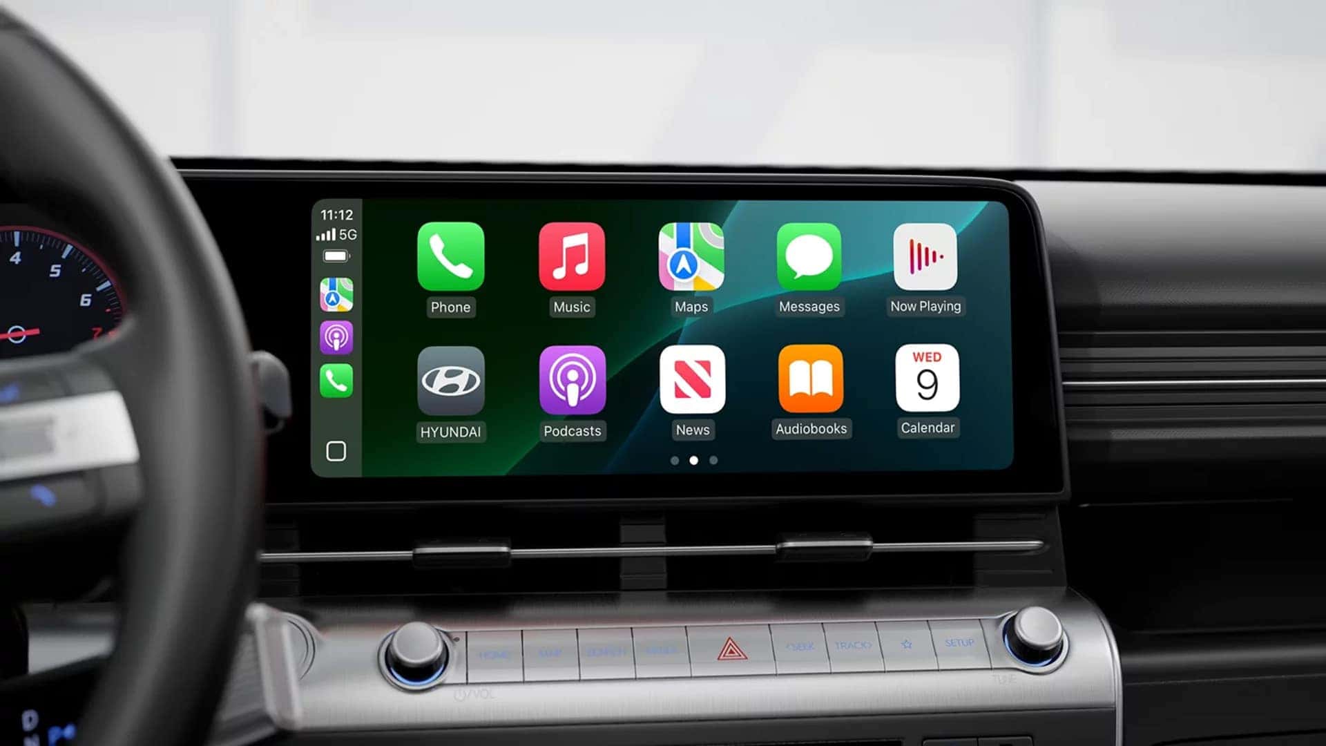Dashboard view of the 2026 Hyundai Kona featuring the digital driver display and large infotainment touchscreen with navigation and media controls