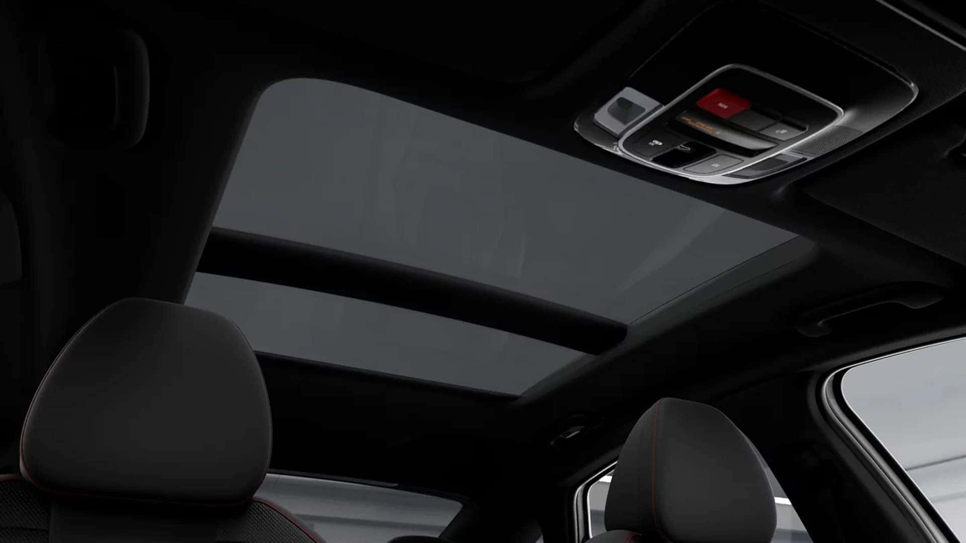 Panoramic sunroof inside the 2026 Hyundai Sonata with overhead controls and glass roof panel extending over the front seats.