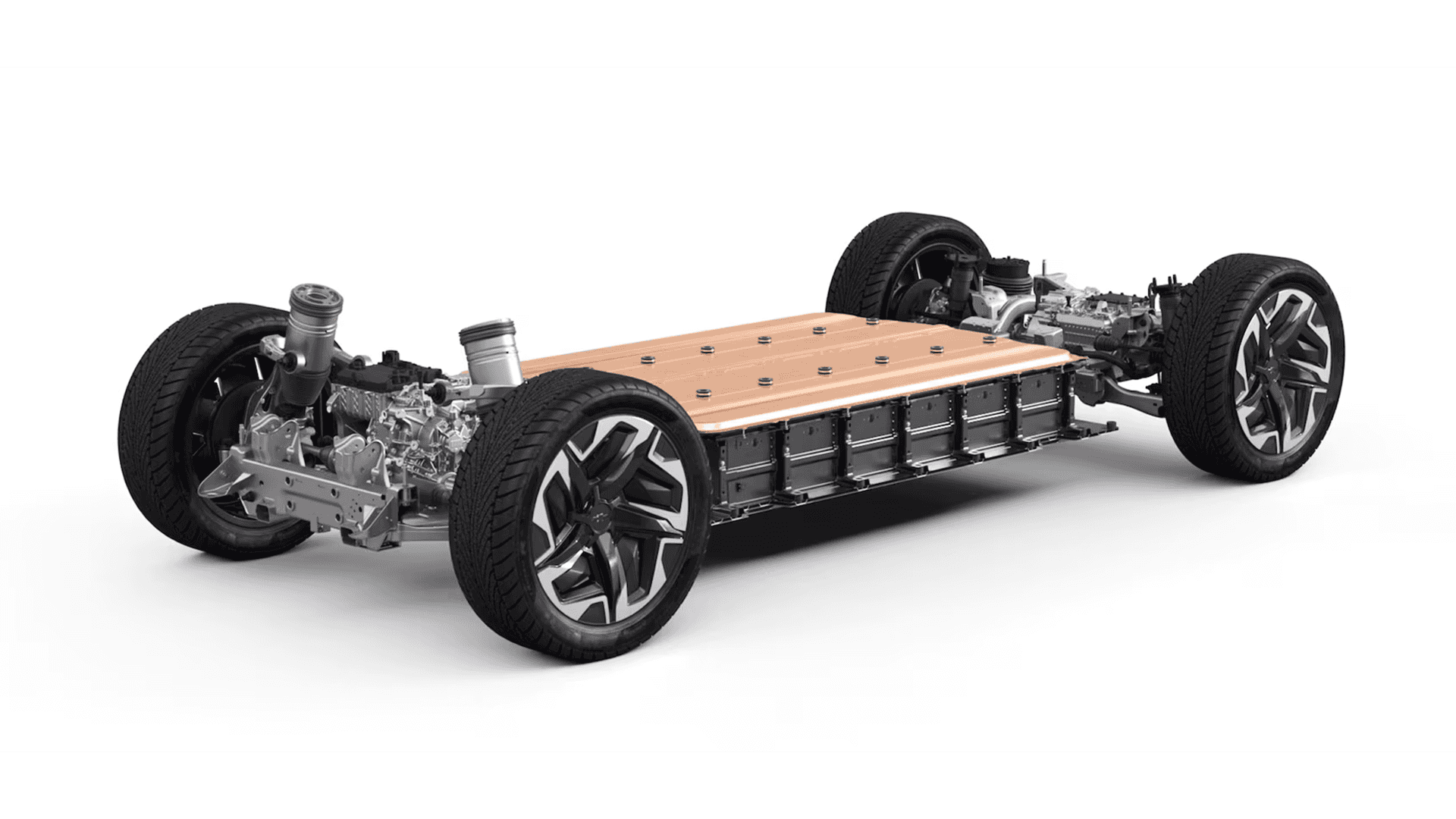 Chevy Ultium electric vehicle skateboard platform showing battery pack, electric motors, suspension, and wheels