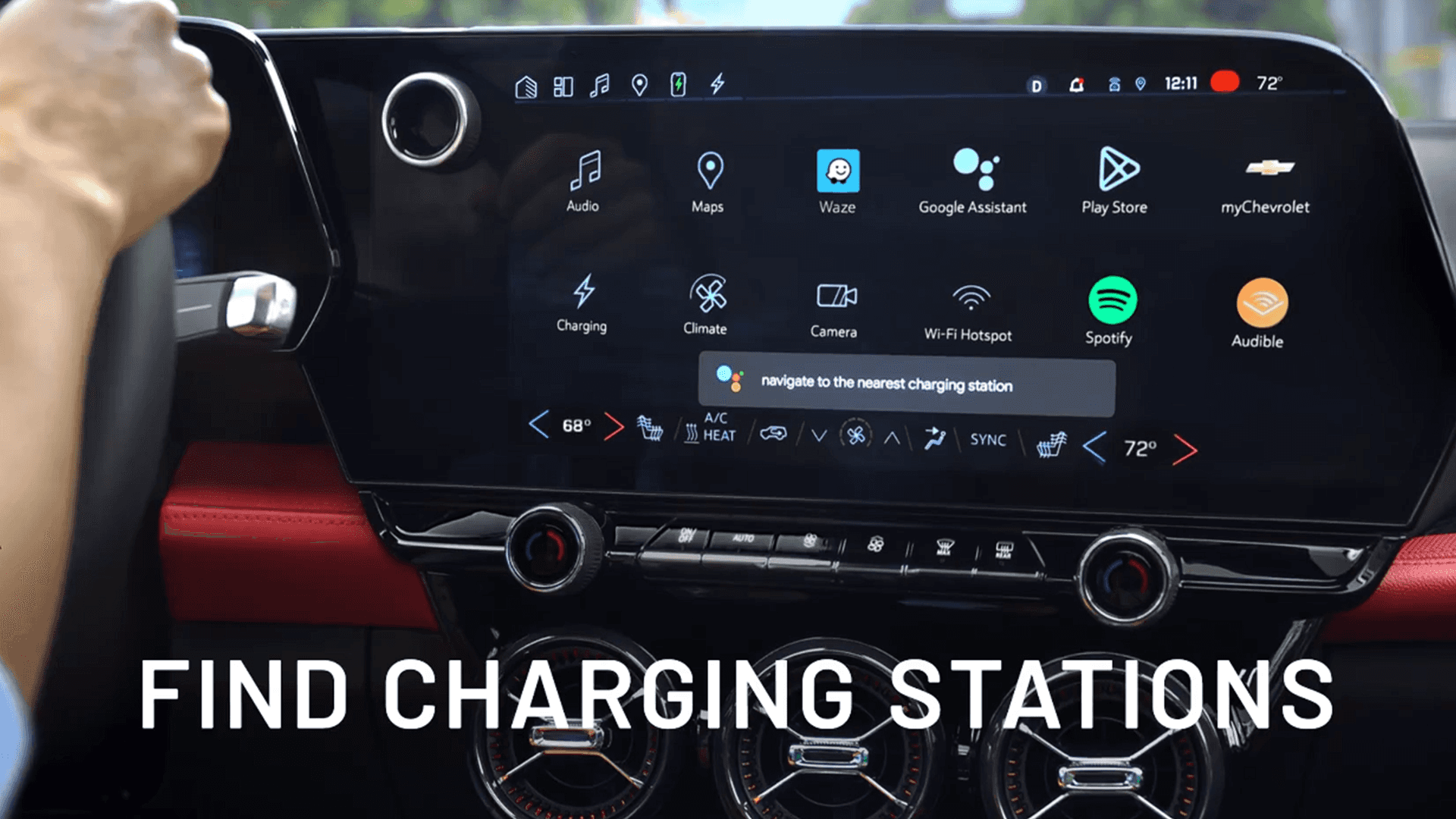 Interior view of Chevy Blazer EV center display showing Google built in apps and navigation to nearby charging stations