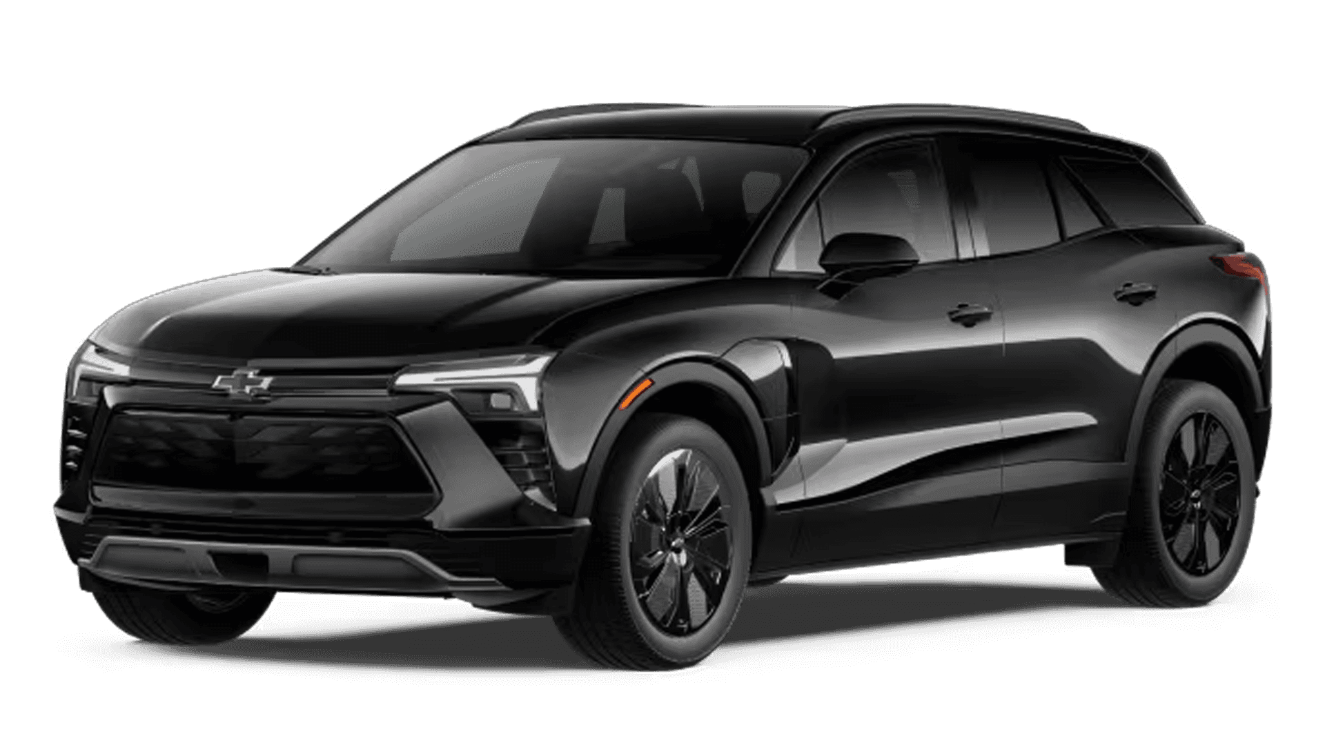 Black Chevy Blazer EV shown in studio view, front three quarter angle with dark wheels and trim.