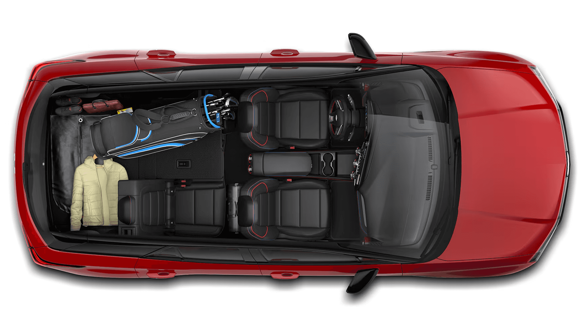 Top-down view of Blazer EV interior with cargo area loaded with golf bag, jacket, and travel gear.