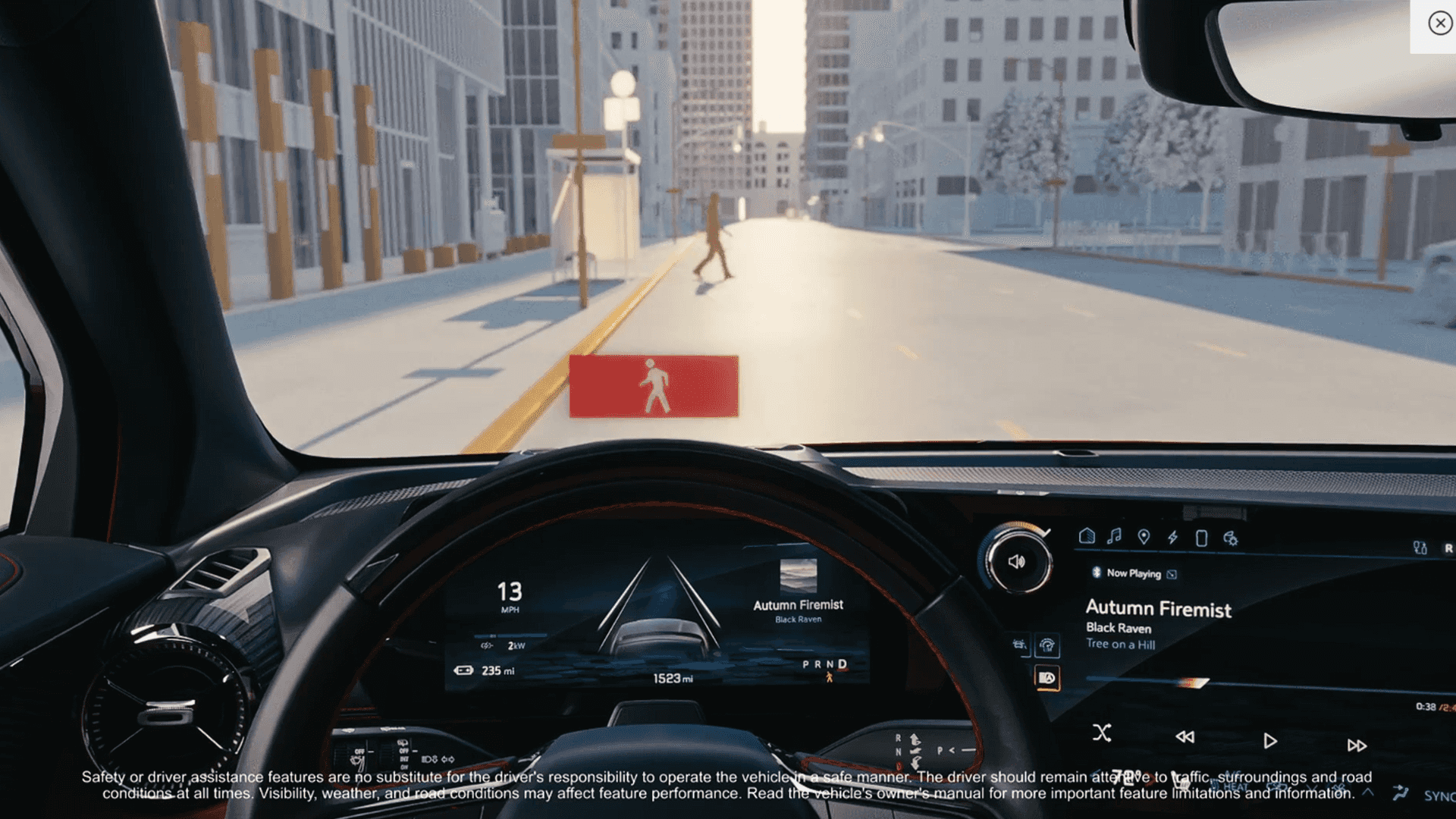 View over steering wheel showing pedestrian alert display and driver assist graphics on Blazer EV screens