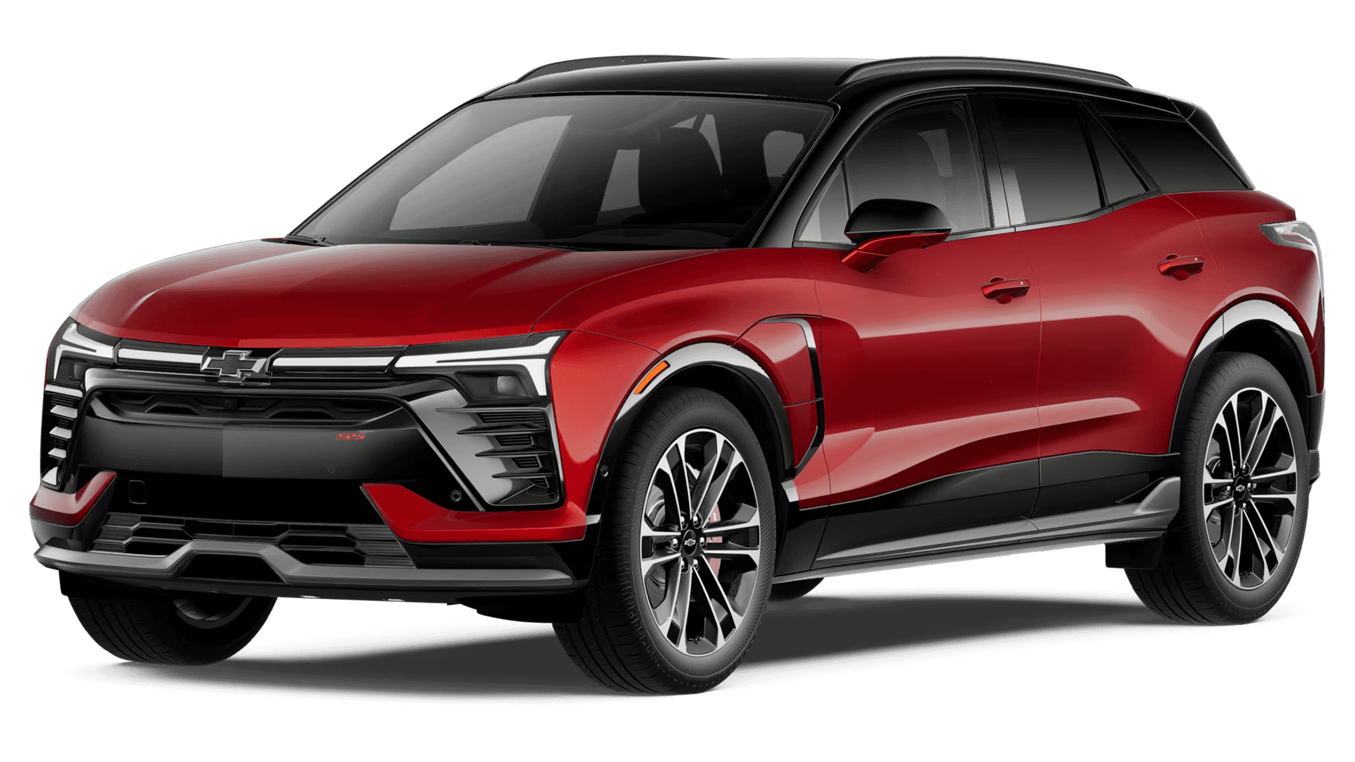 Studio shot of red Blazer EV with black roof, front three quarter view highlighting grille and wheels