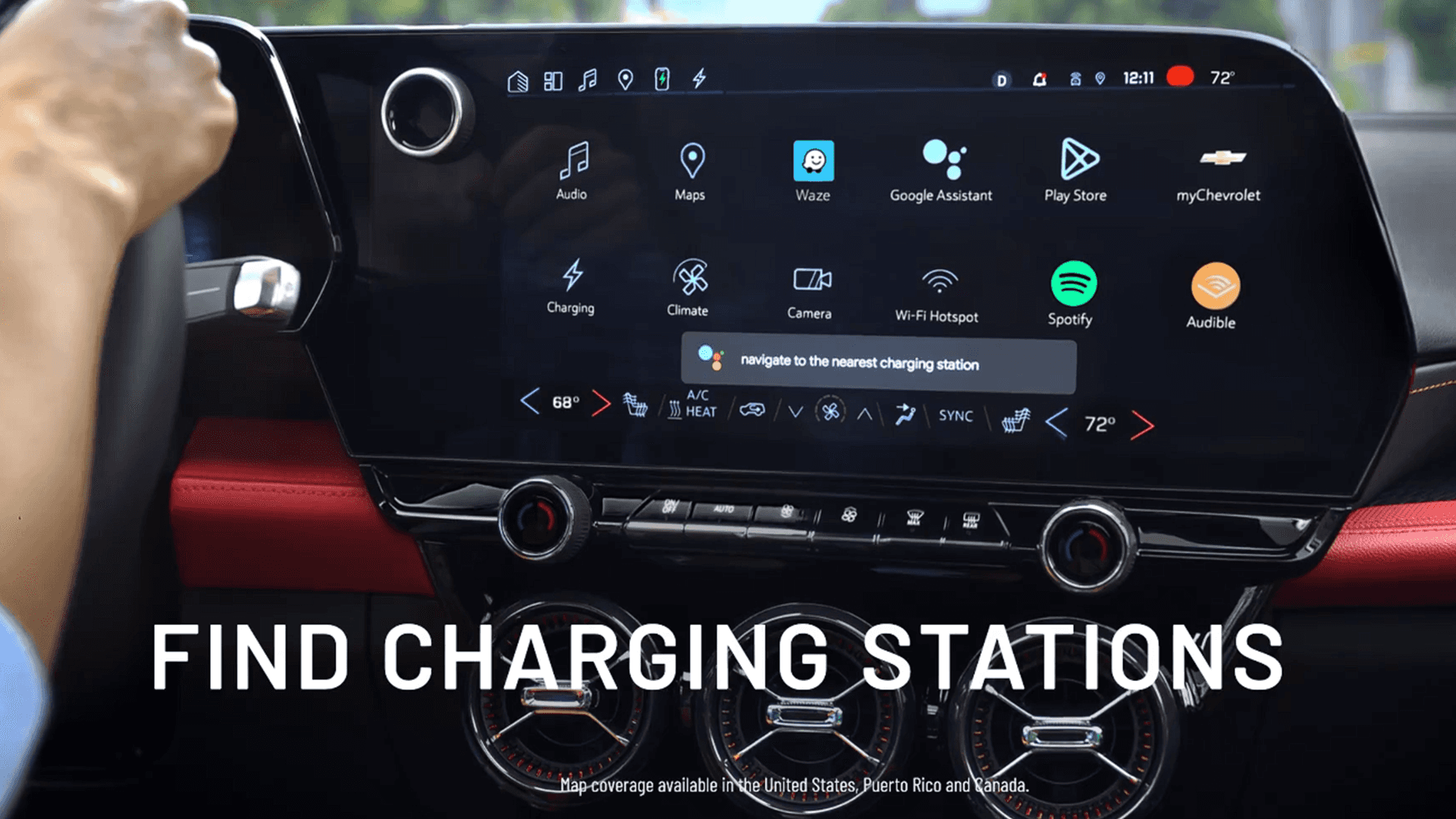 Close-up of the 2026 Chevy Blazer EV infotainment screen displaying navigation, apps, charging tools, and climate controls