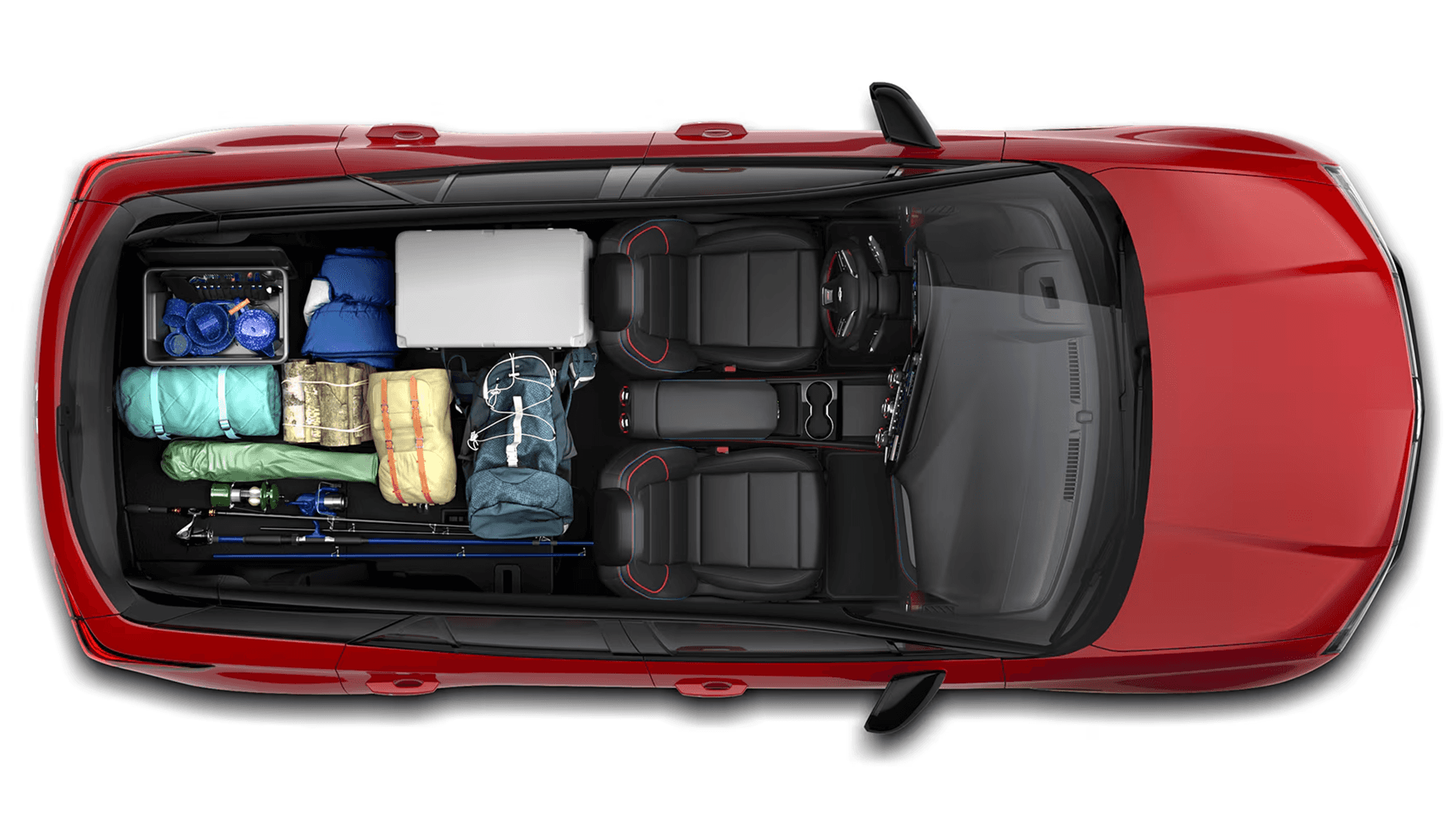 Top-down view of the 2026 Chevy Blazer EV showing rear cargo area packed with bags, gear, and folded rear seats