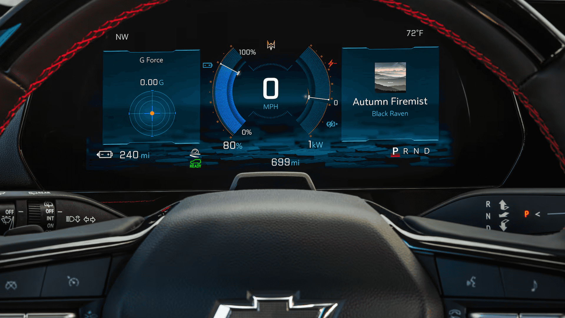 Close-up of Blazer EV digital instrument cluster showing speed, range, g-force meter, and media info