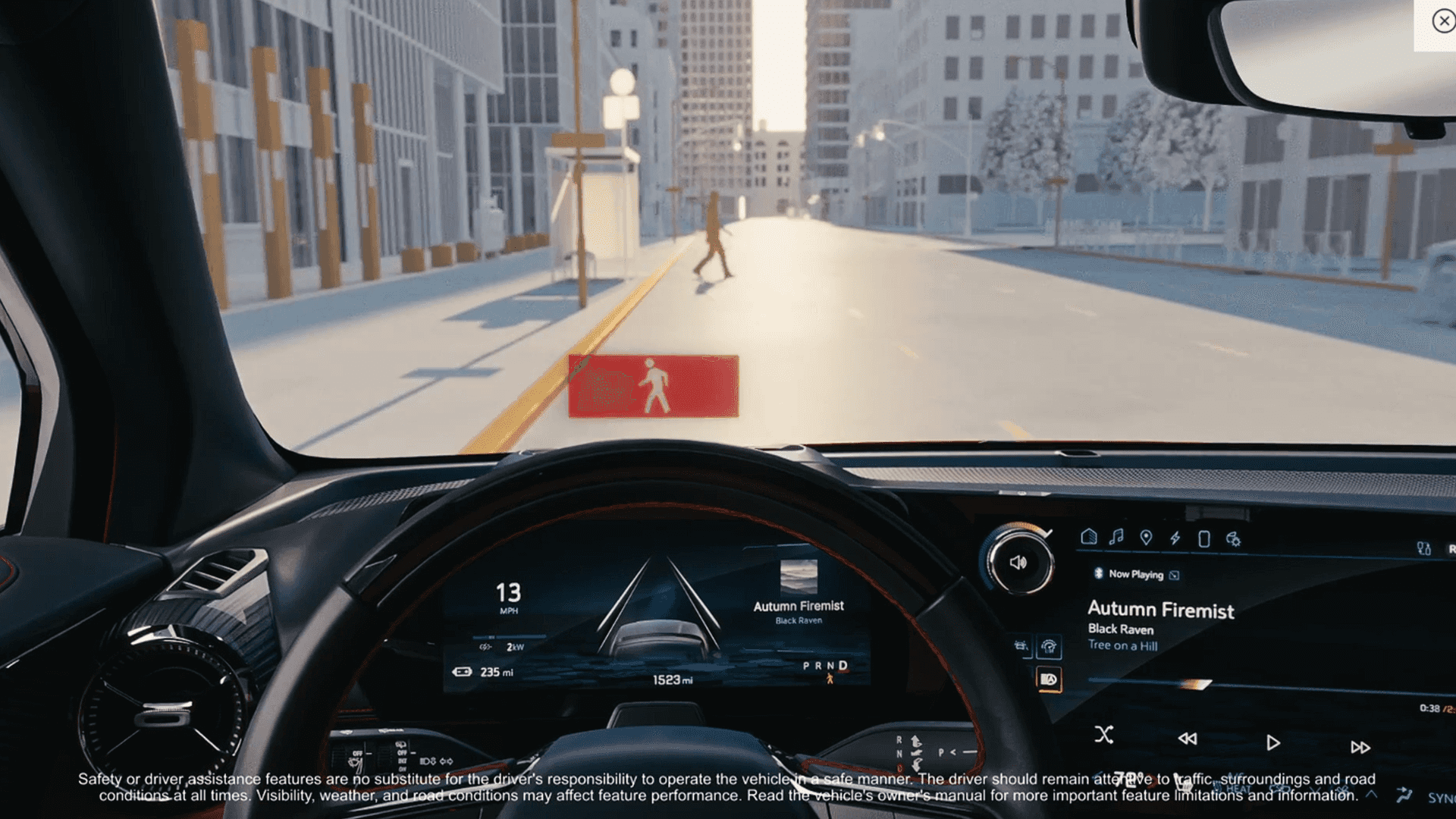 Driver view in Blazer EV with pedestrian crossing alert icon projected ahead on a city street