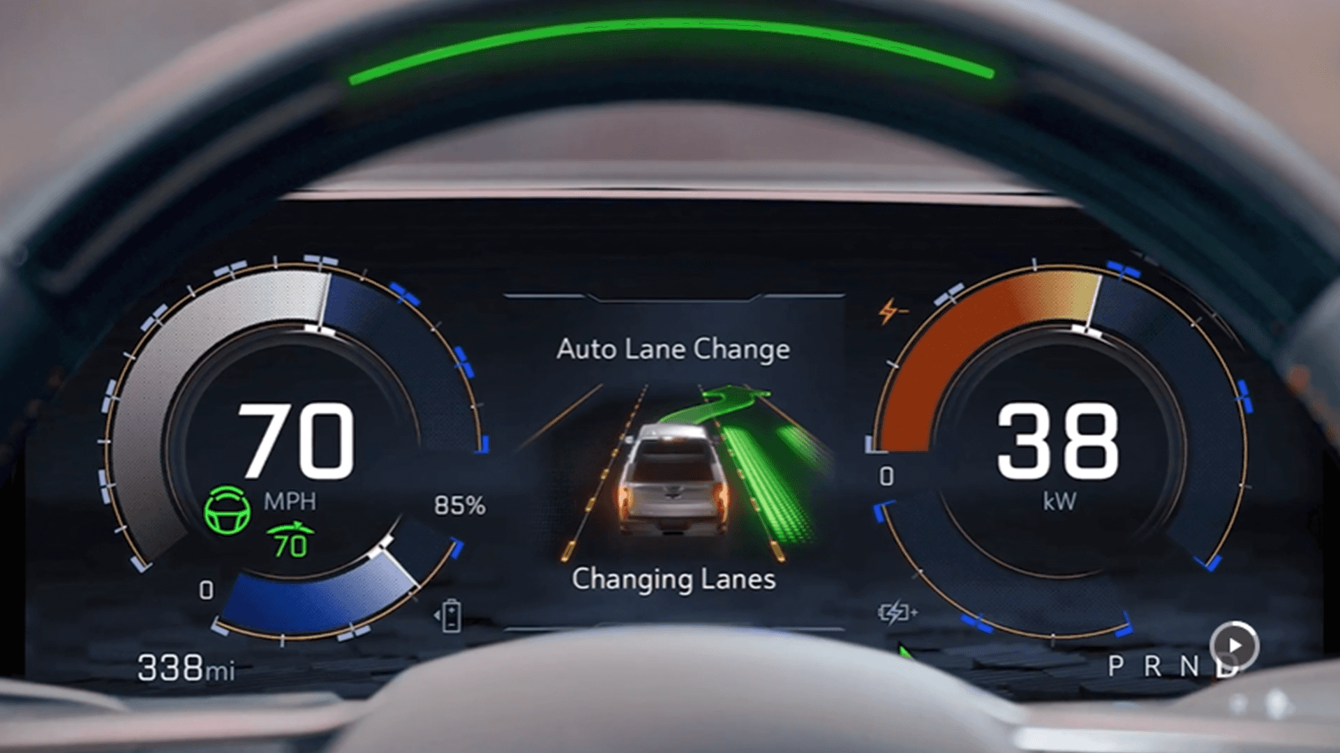 Digital gauge cluster shows Auto Lane Change graphic with speed and power readouts for Super Cruise