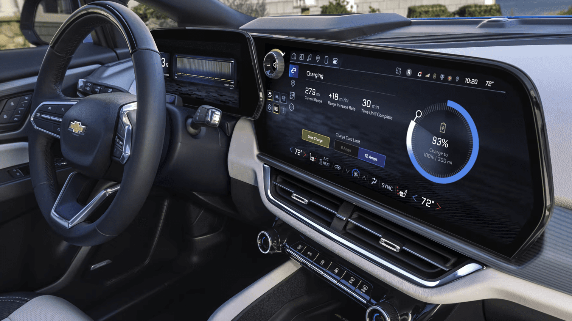 Equinox EV cockpit view showing large infotainment screen with charging status and 93 percent battery gauge