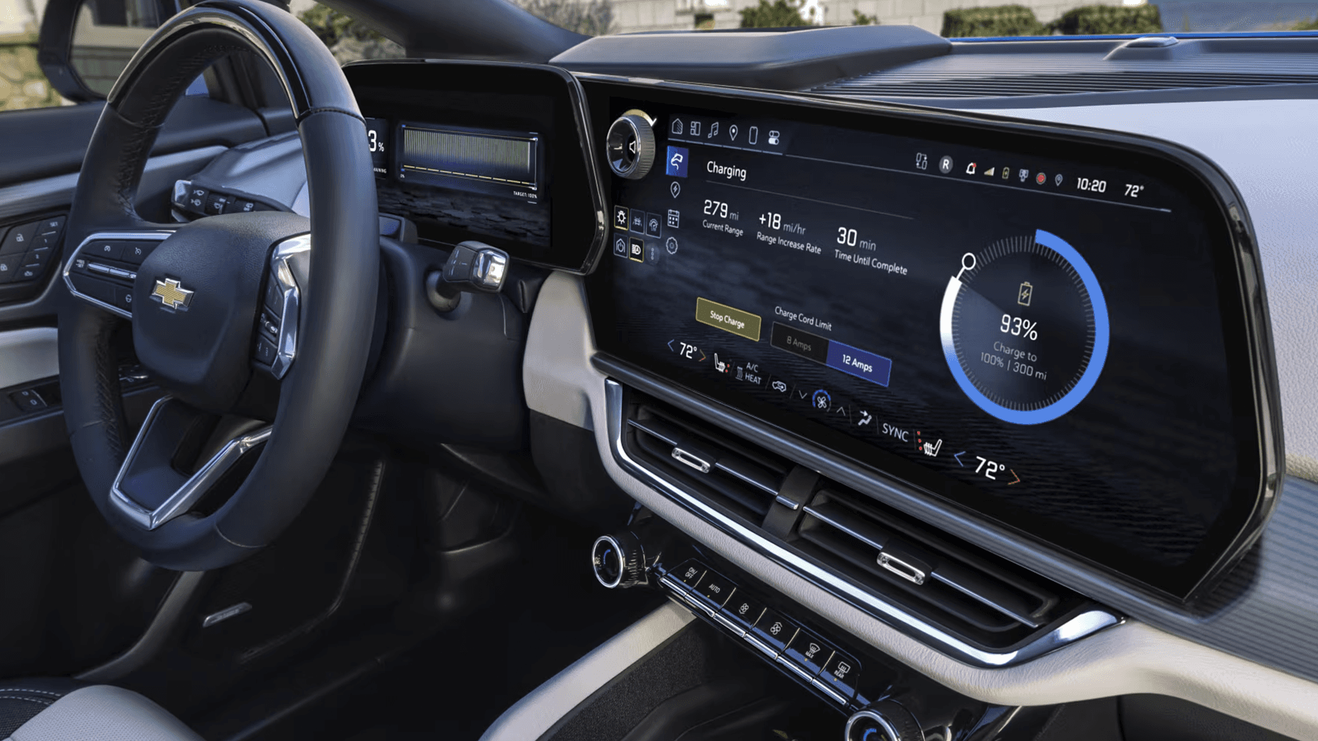 Dashboard of 2026 Chevy Equinox EV showing wide touchscreen charging screen and digital cluster