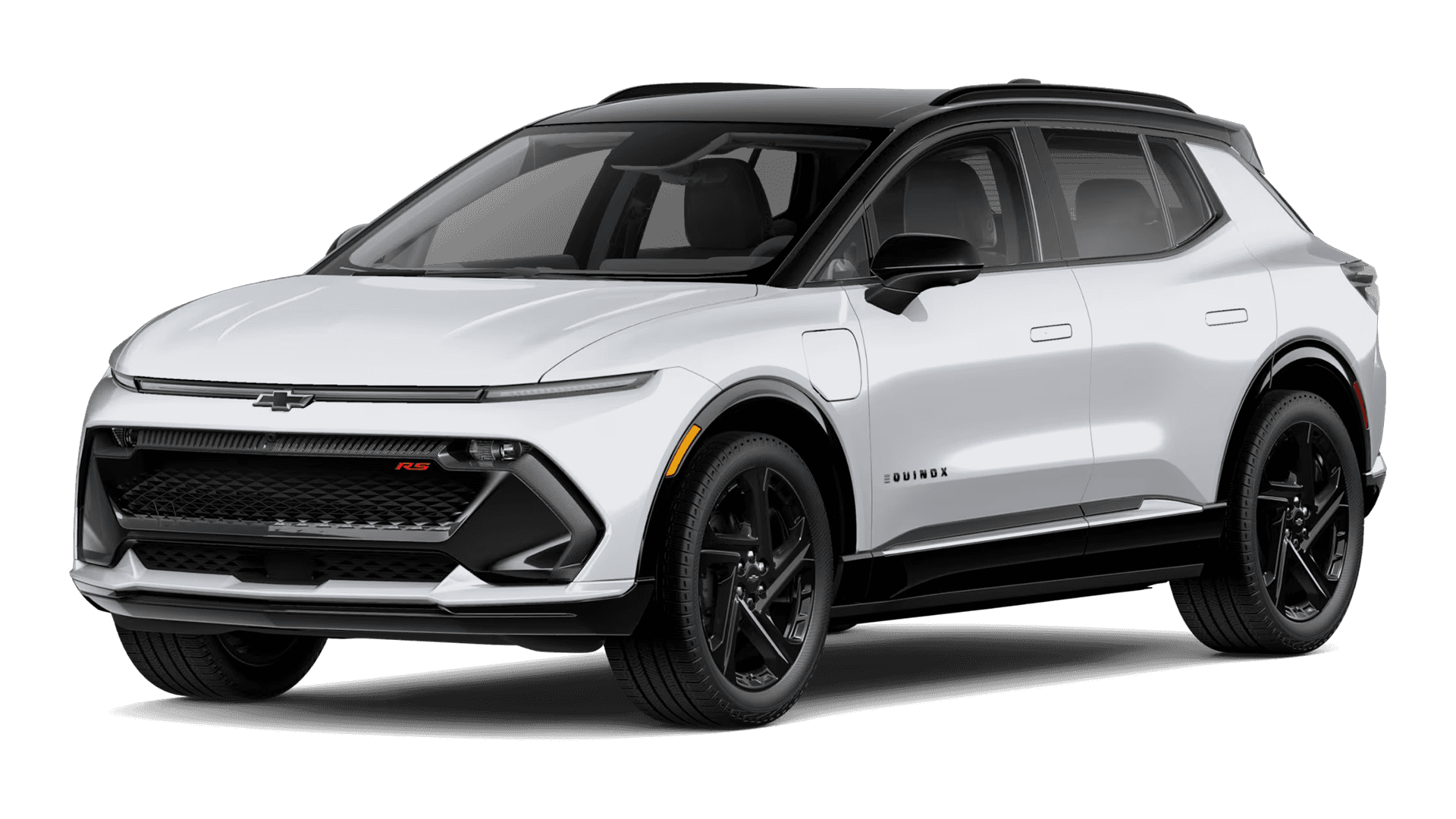 Studio image of white 2026 Chevy Equinox EV with black roof, RS badge, and black alloy wheels
