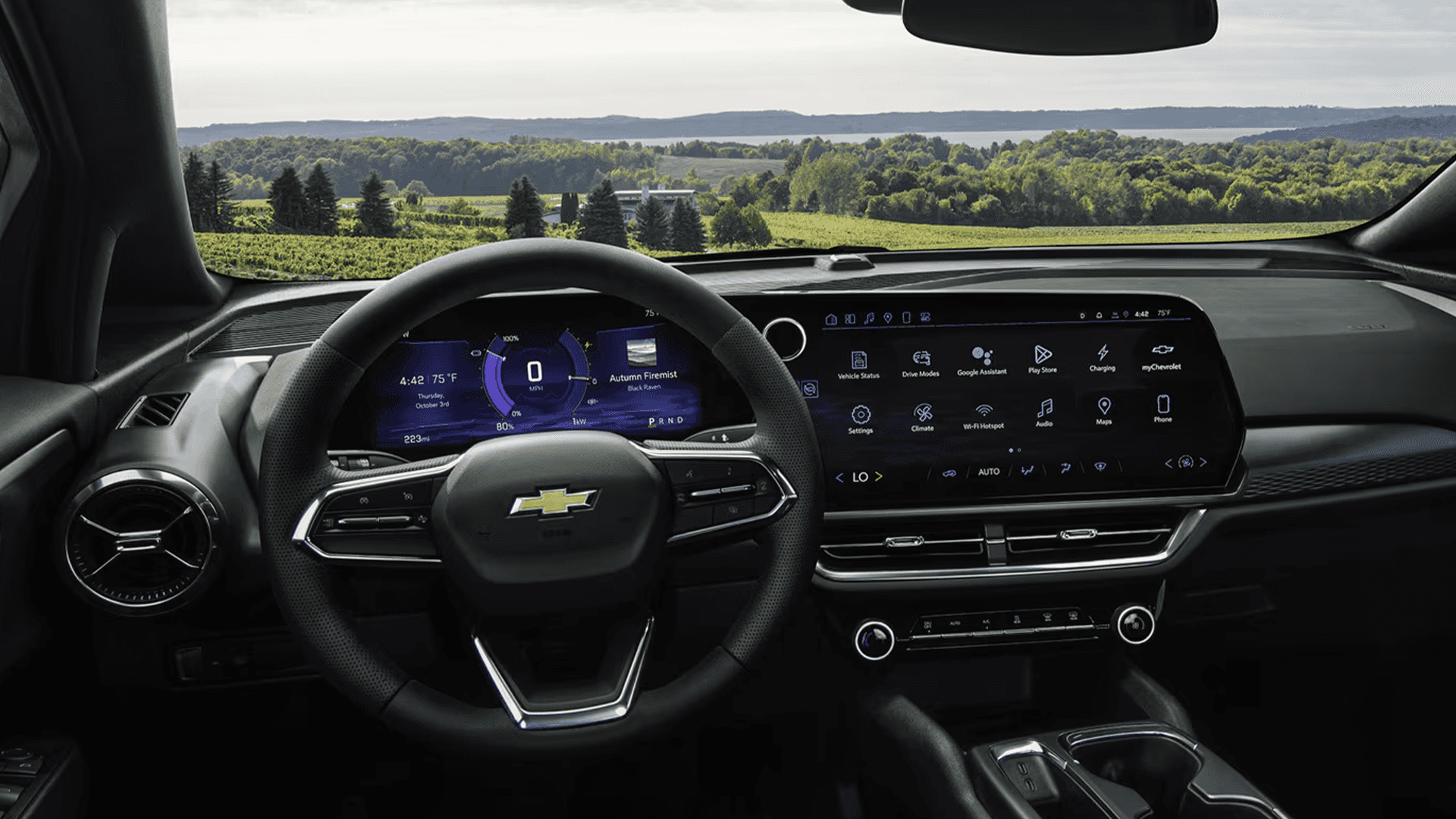 Close up of Chevy Equinox EV dashboard with 17.7 inch center touchscreen and digital driver information display
