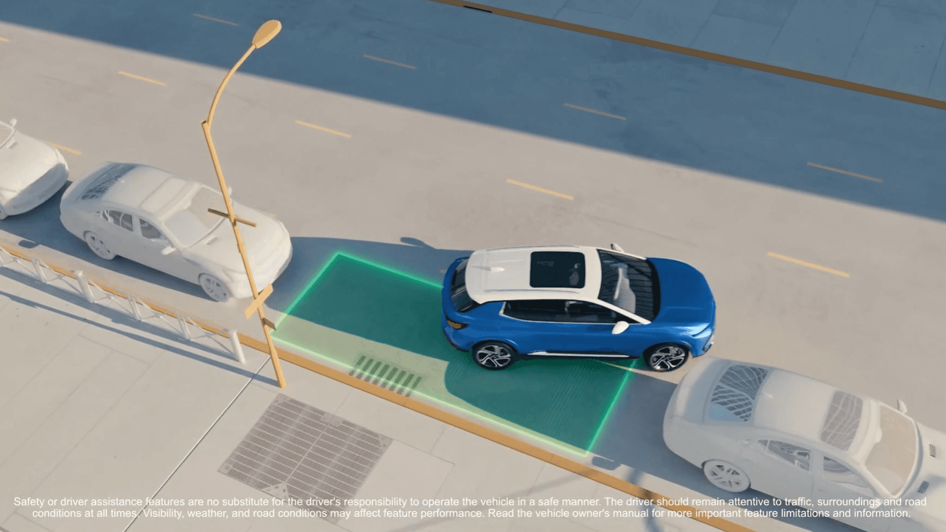 Blue Chevy Equinox EV using Enhanced Auto Park Assist with highlighted parking space between two vehicles on city street
