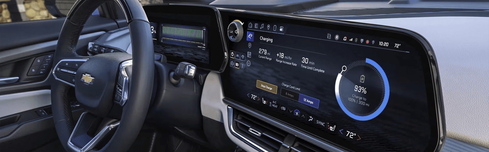 Interior view of the 2026 Chevy Equinox EV showing wide digital displays and driver focused cockpit layout