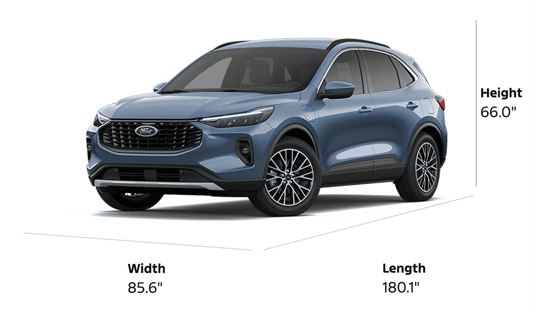 Blue 2026 Ford Escape dimension graphic showing 180.1 in length, 85.6 in width, and 66.0 in height.