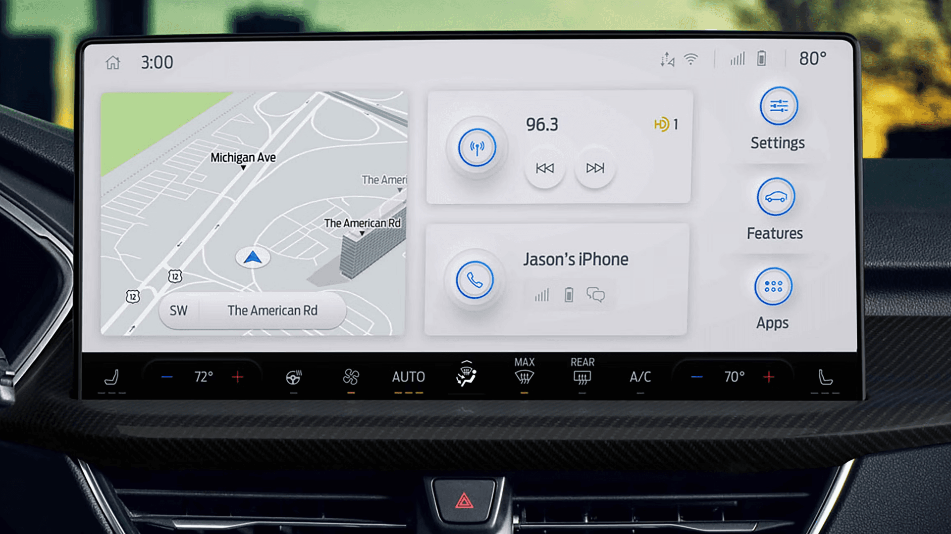 Close up of 2026 Ford Escape touchscreen showing navigation map, audio tile, phone connection, and apps menu