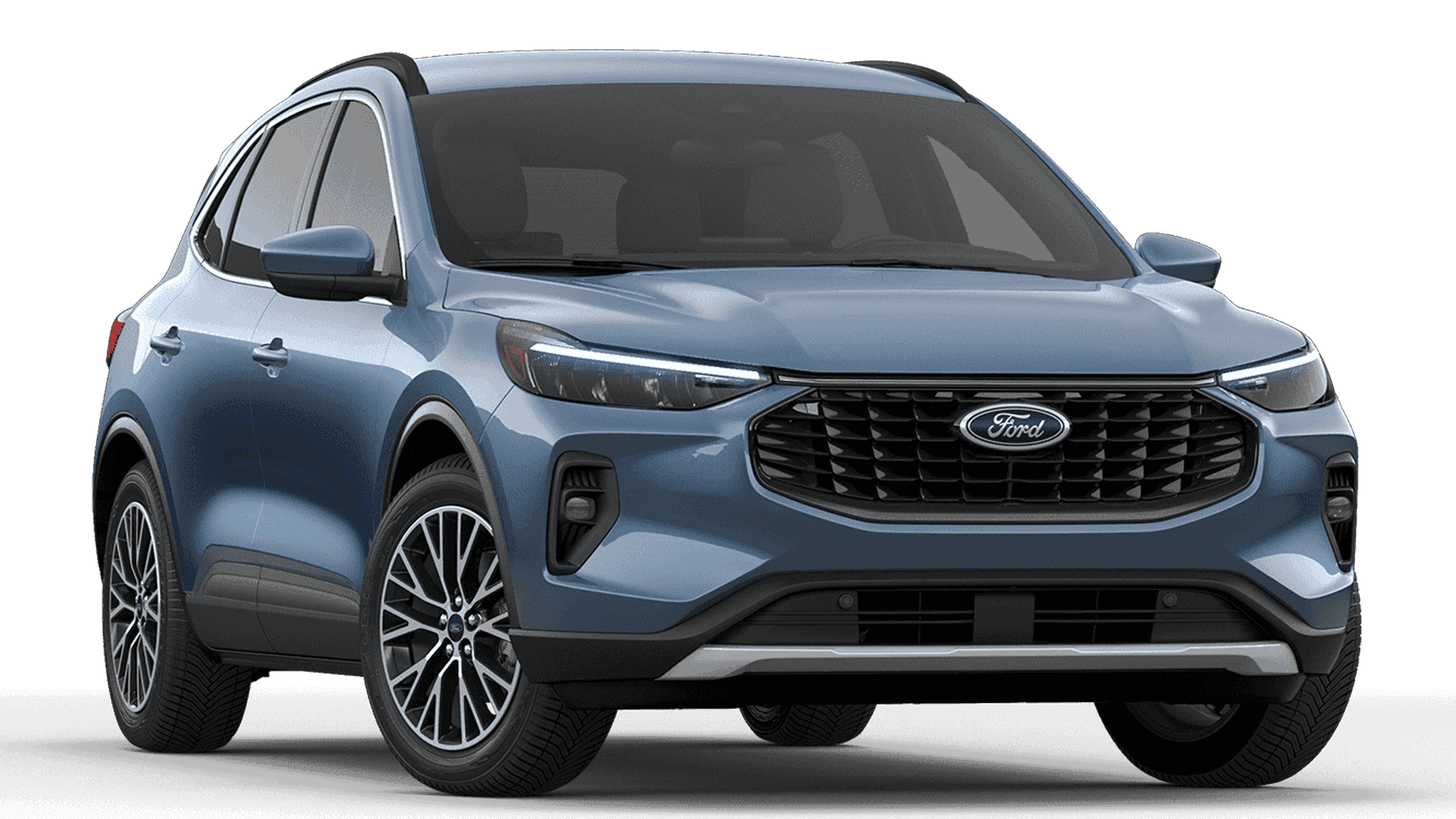 Studio front three quarter view of blue 2026 Ford Escape with black roof, alloy wheels, and Ford grille