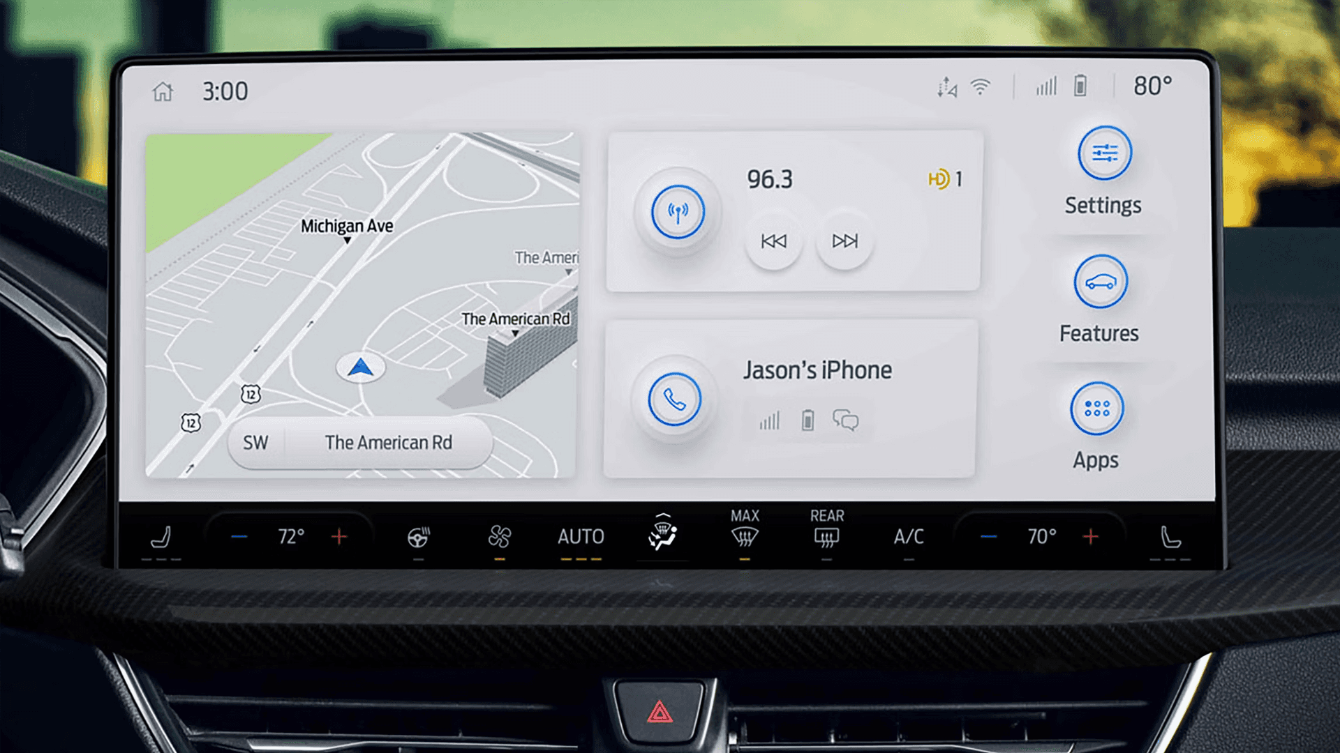 Close-up of 2026 Ford Escape touchscreen showing navigation map, audio controls, and app menu icons