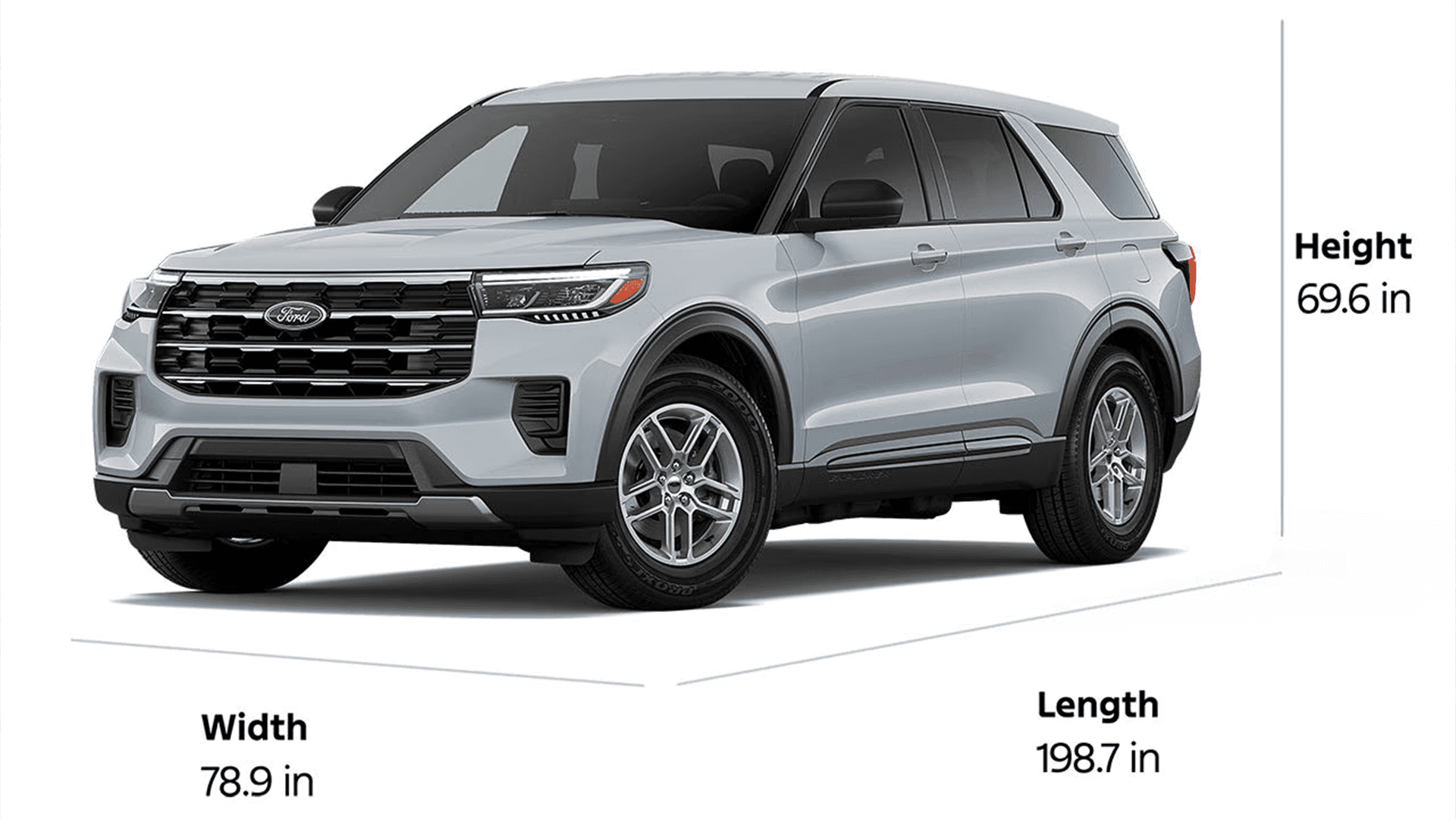 Explorer side profile graphic displaying width 78.9 in, height 69.6 in, and length 198.7 in measurements.