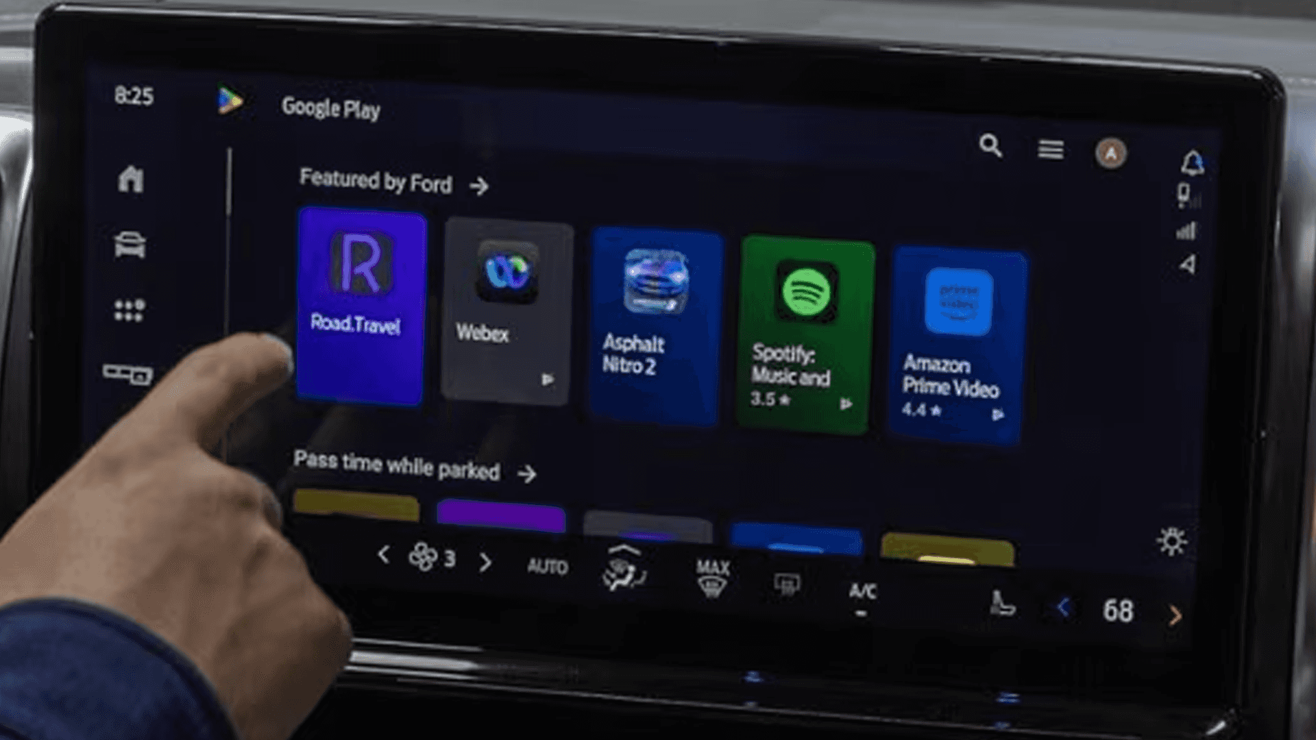 Close-up of Ford Digital Experience screen with Google Play apps like Spotify and Prime Video