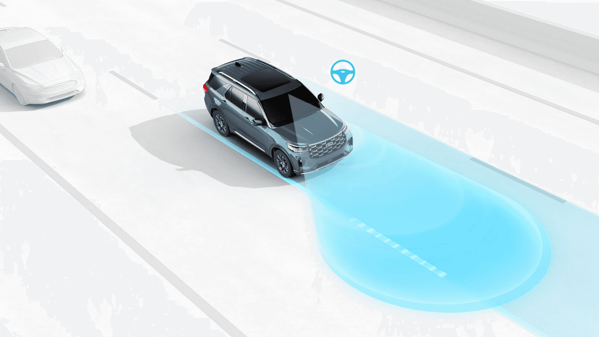 2026 Ford Explorer driver-assist graphic showing blue sensor field and lane centering on highway