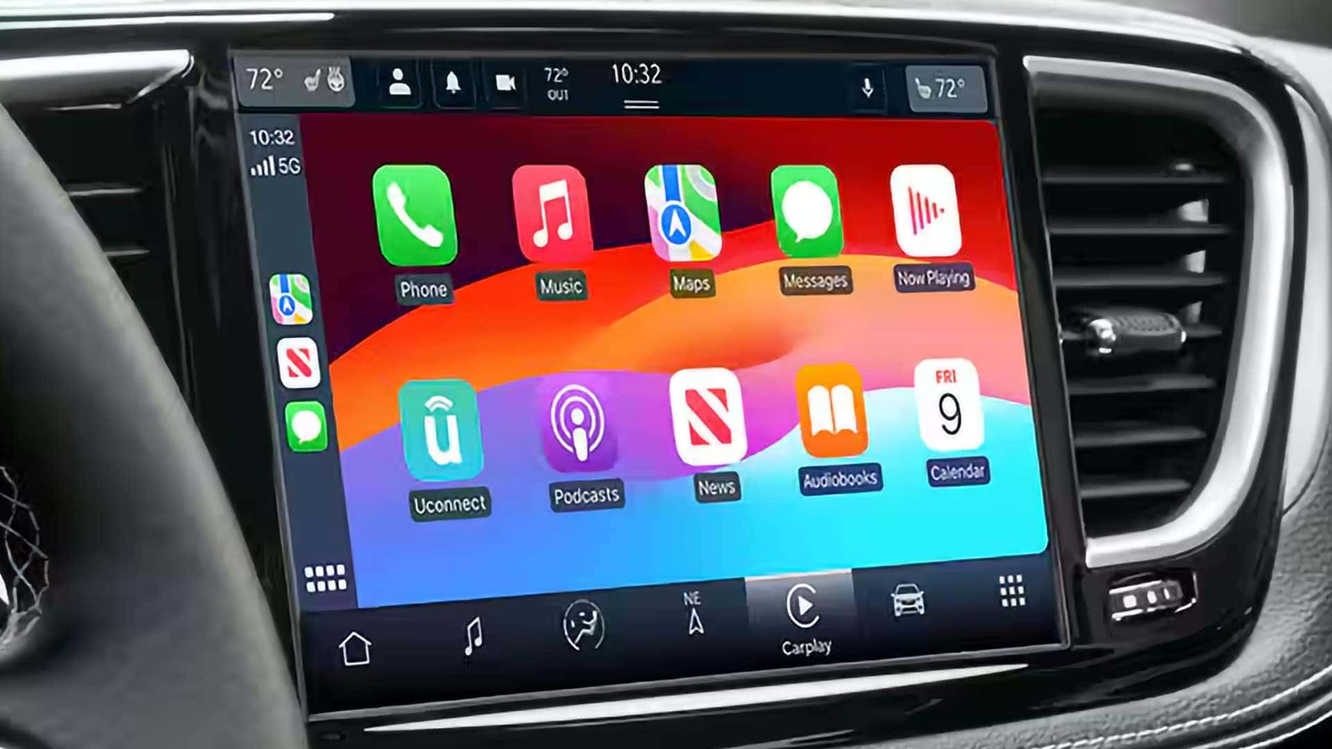 2026 Chrysler Pacifica touchscreen displaying Apple CarPlay apps including Phone, Maps, Messages, and Music