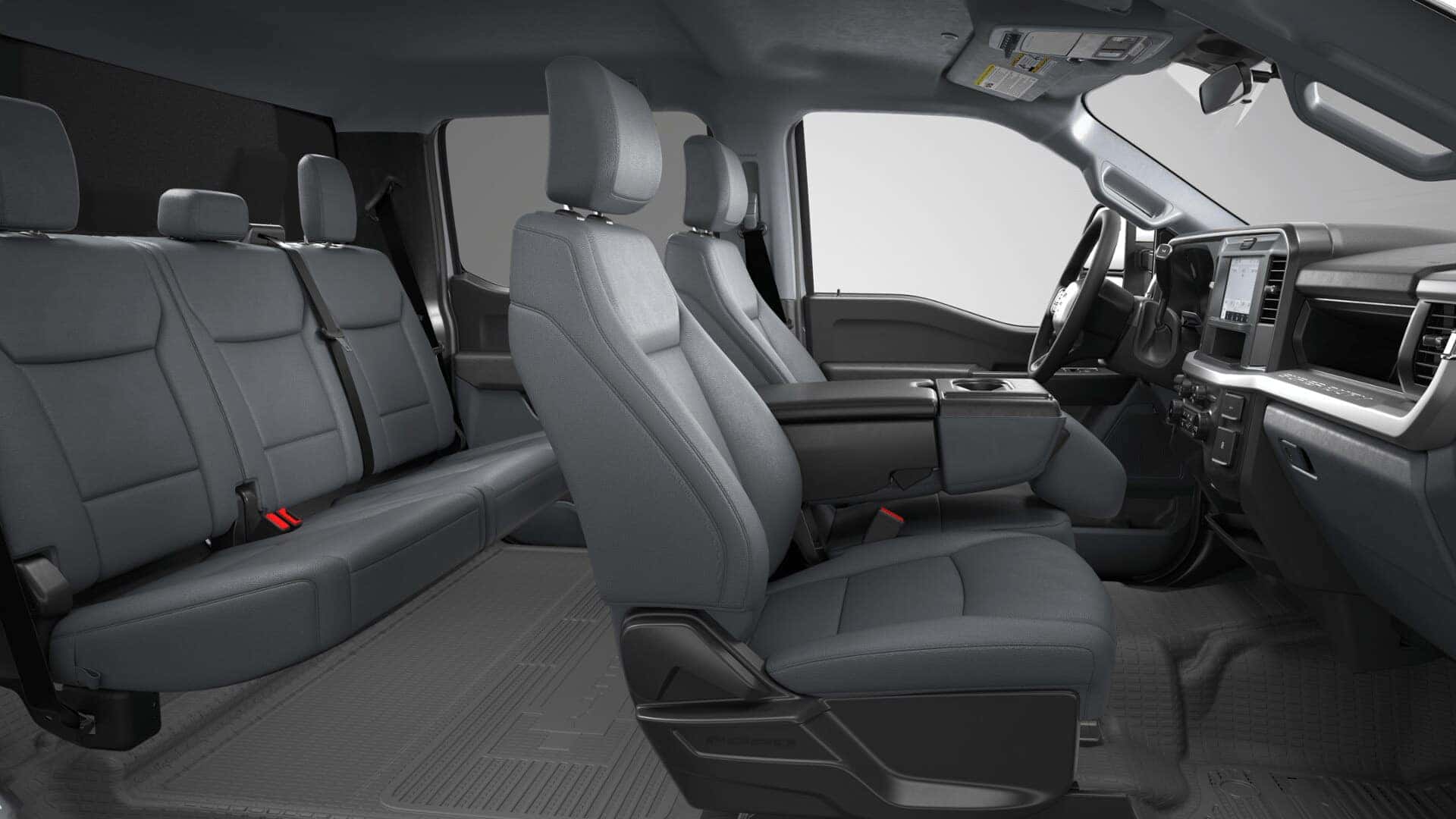 Interior view of the 2026 Ford F-250 Super Duty showing spacious rear bench seat, durable upholstery, and crew cab passenger space