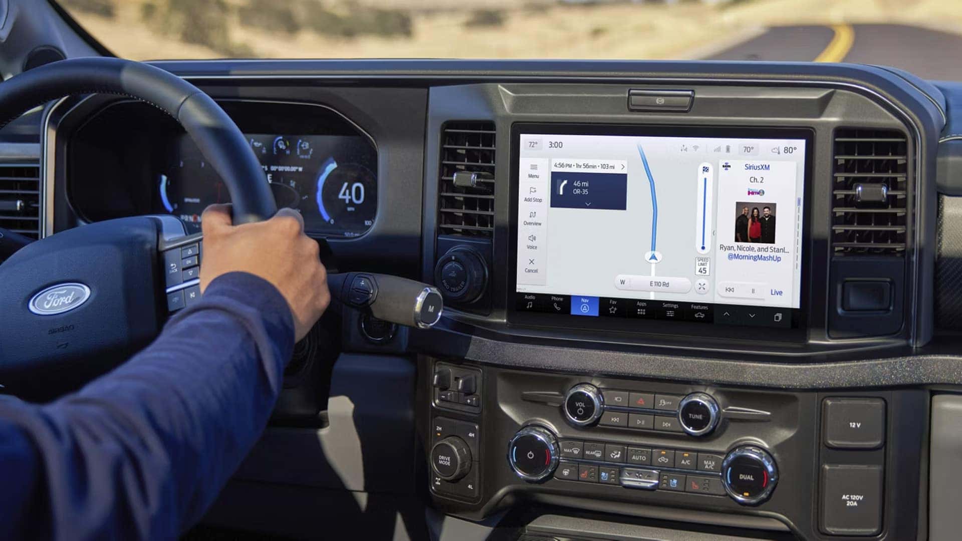 Driver view of the 2026 Ford F-250 Super Duty dashboard with 12-inch SYNC 4 touchscreen, digital gauge cluster, and steering wheel controls