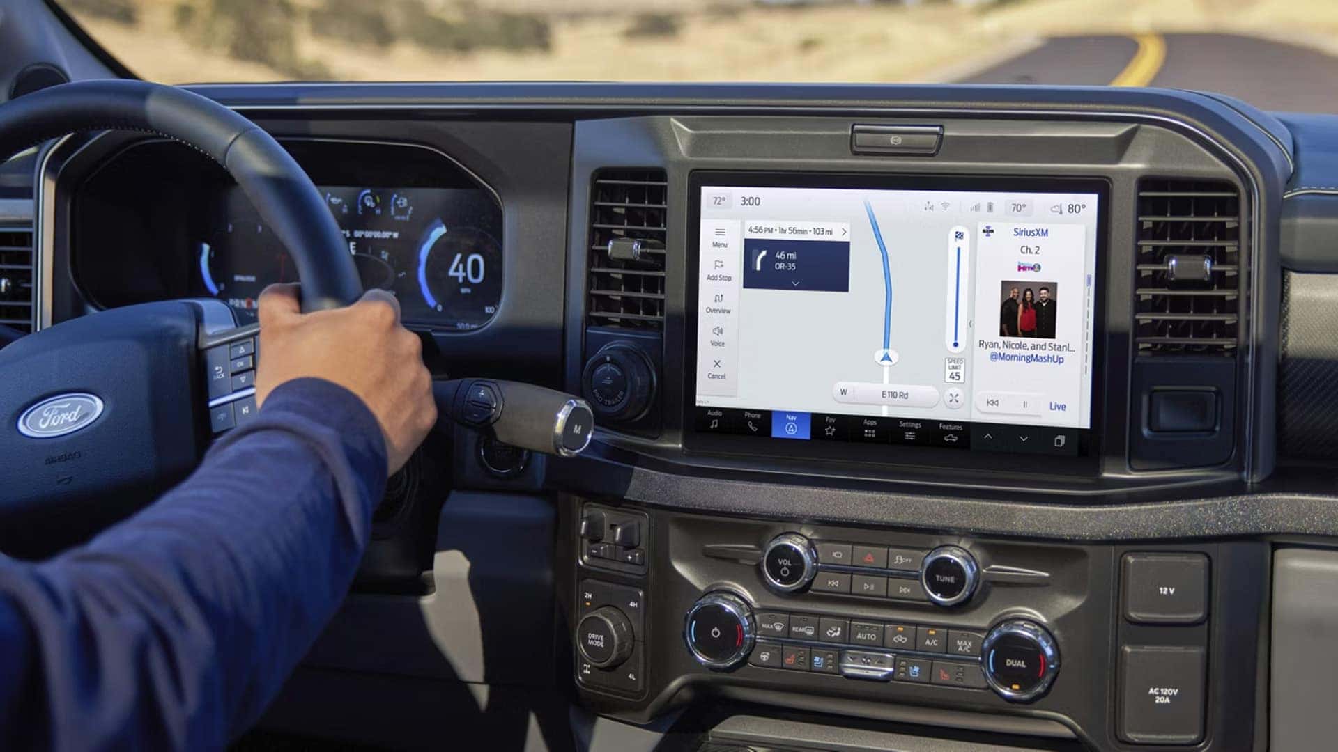 SYNC 4 12 inch touchscreen in 2026 Ford F-250 Super Duty showing navigation map and connected media features