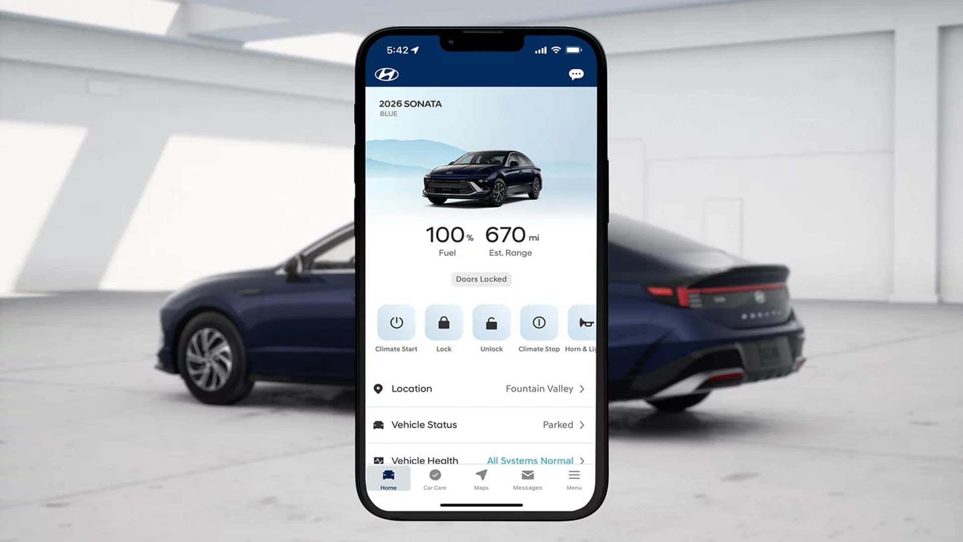 Hyundai Bluelink app displayed on a smartphone controlling a 2026 Hyundai Sonata Hybrid with remote start, lock, vehicle status, and estimated range information