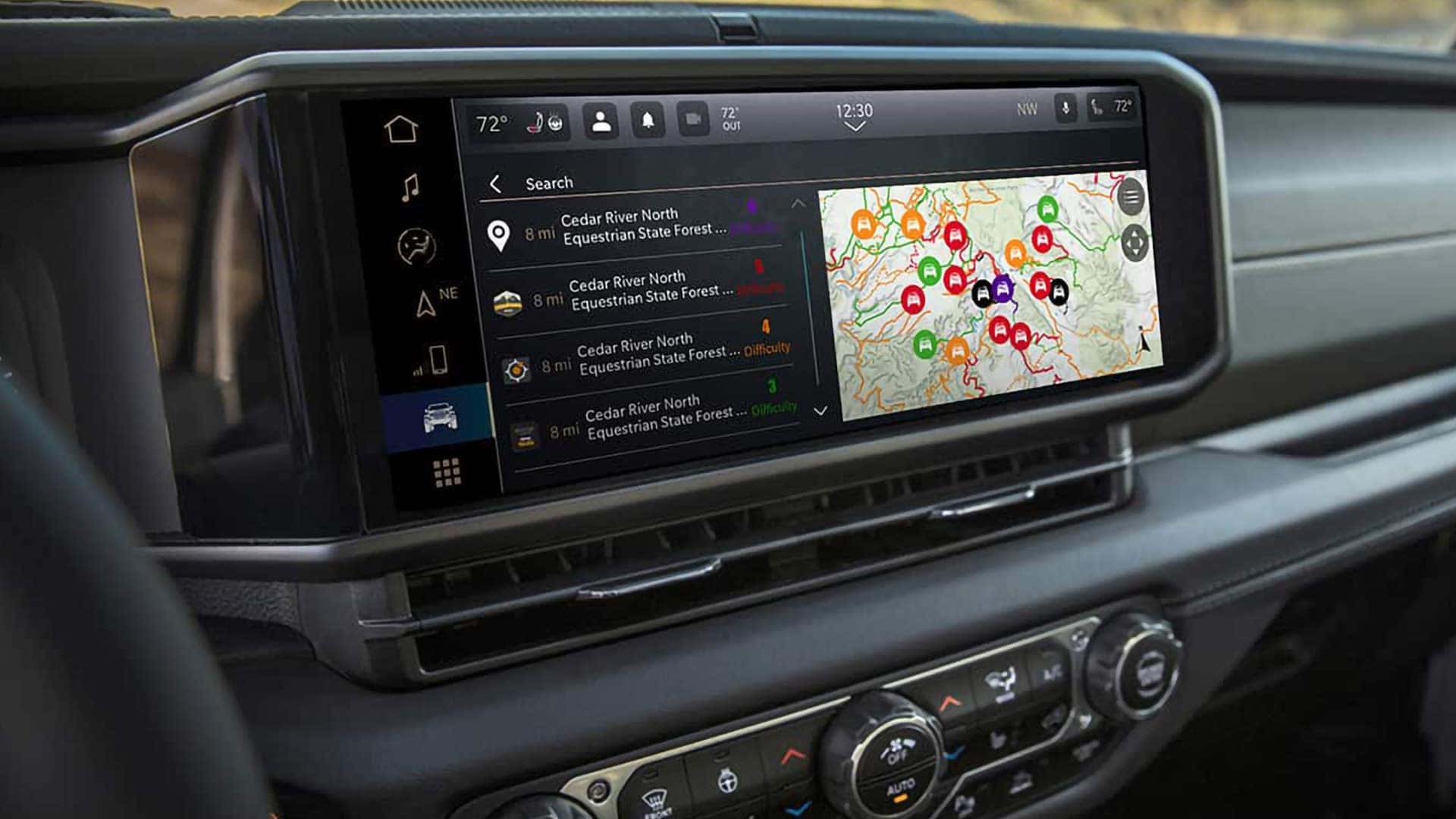 2026 Jeep Wrangler touchscreen displaying built in navigation with trail maps and off road route markers