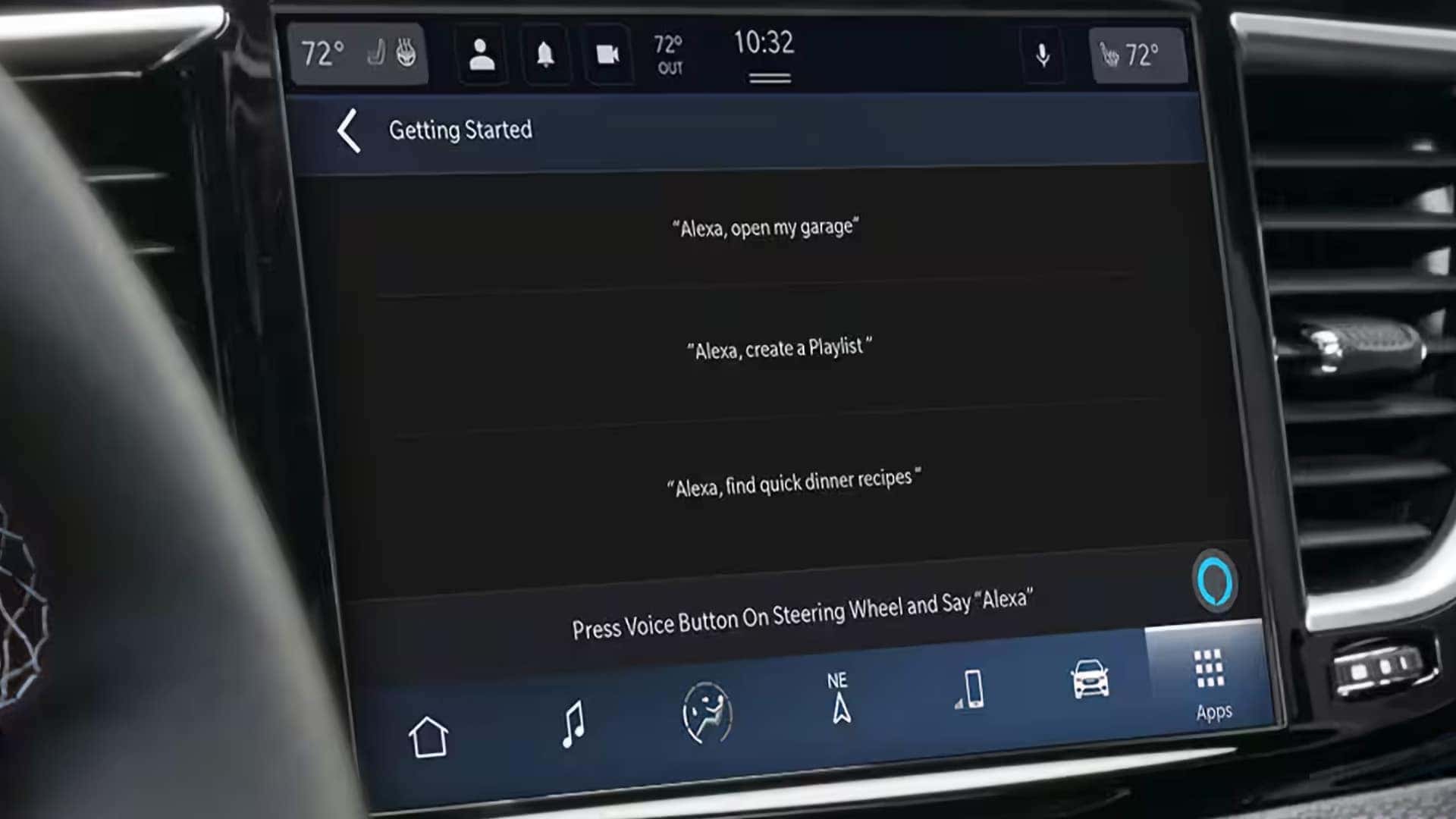Uconnect 5 screen in the 2026 Chrysler Pacifica showing Alexa Built-in voice command setup options