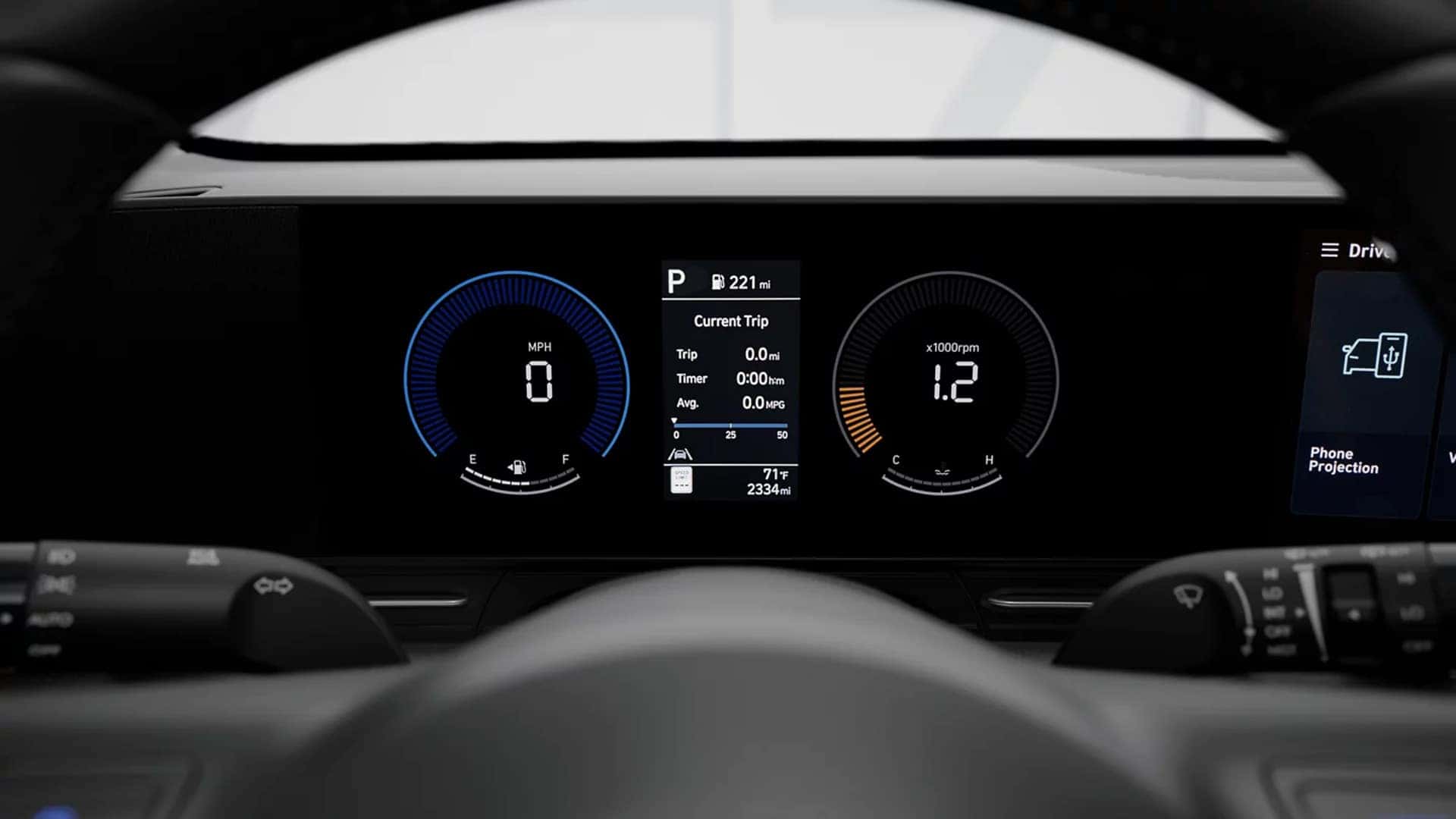 Digital instrument cluster in the 2026 Hyundai Kona displaying speedometer, trip information, and connected vehicle data behind the steering wheel