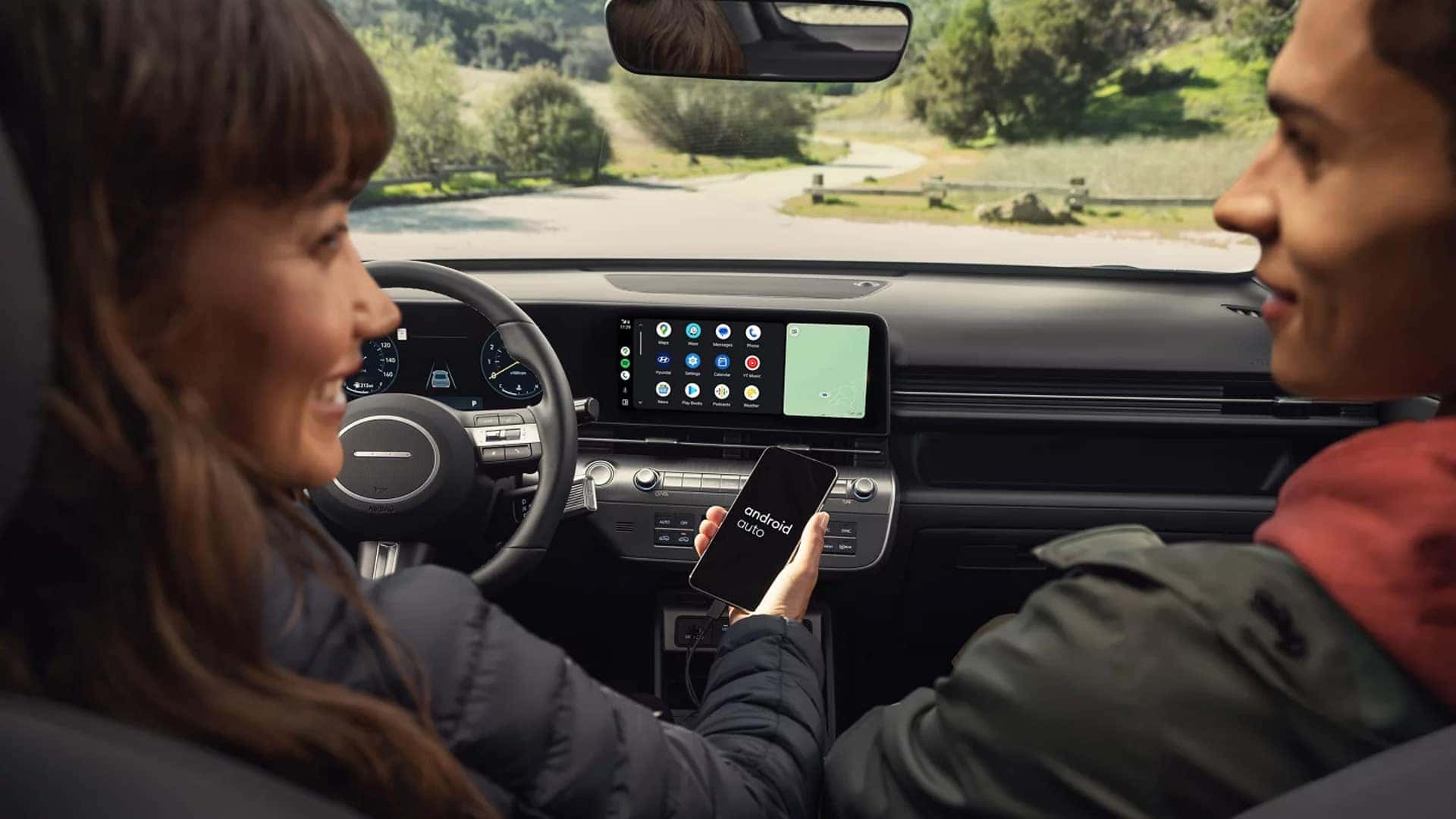 Center console area of the 2026 Hyundai Kona highlighting push button start, drive mode selector, and cabin convenience controls