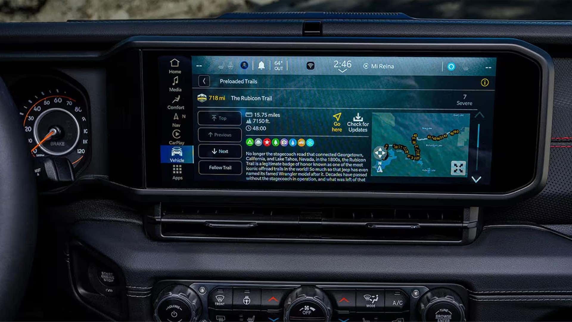 12.3-inch Uconnect touchscreen in the 2026 Jeep Gladiator displaying navigation and off-road trail guide information