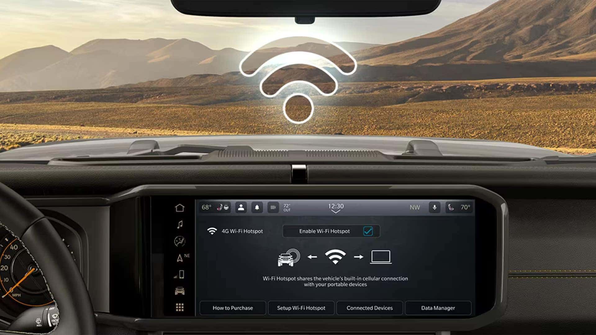 4G LTE Wi-Fi Hotspot screen inside the 2026 Jeep Wrangler showing device connection and hotspot activation menu