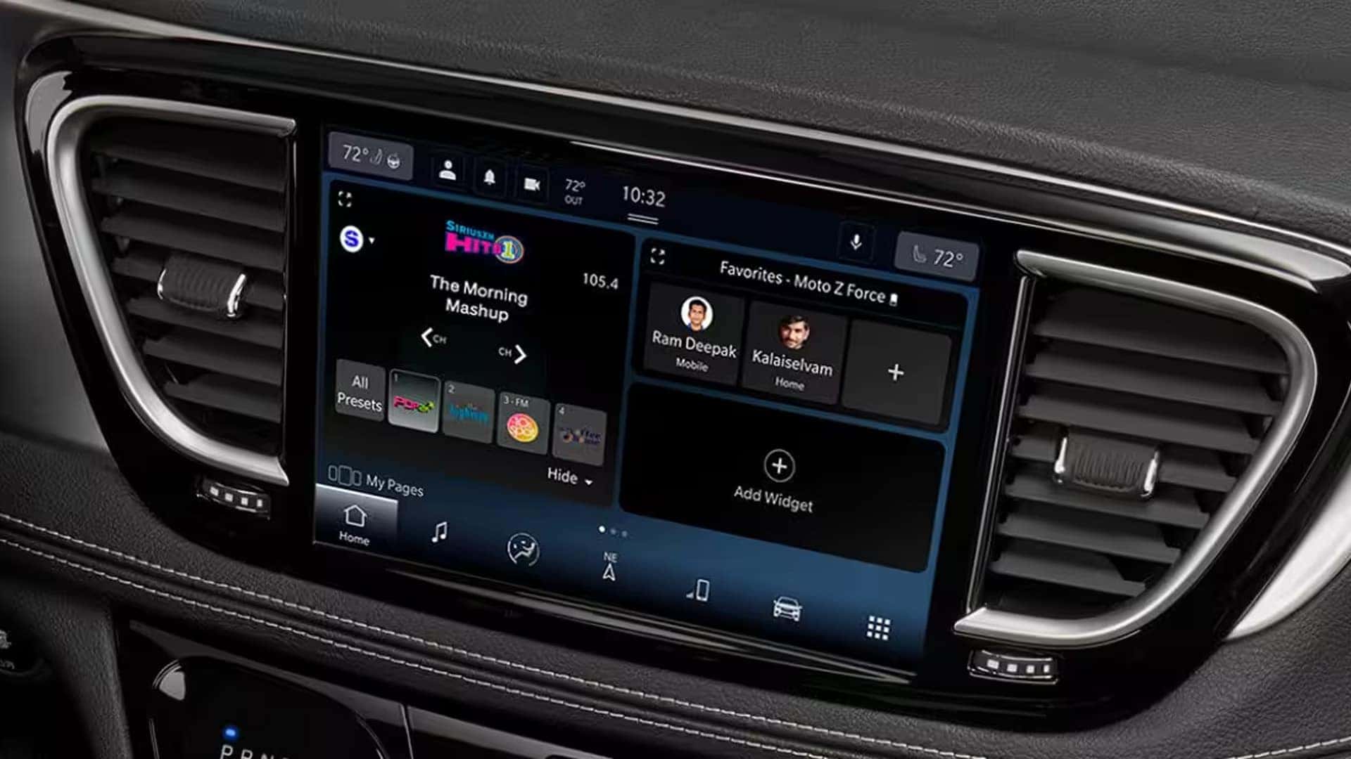 Close up of the 2026 Chrysler Pacifica infotainment touchscreen and center air vents showing the Uconnect interface