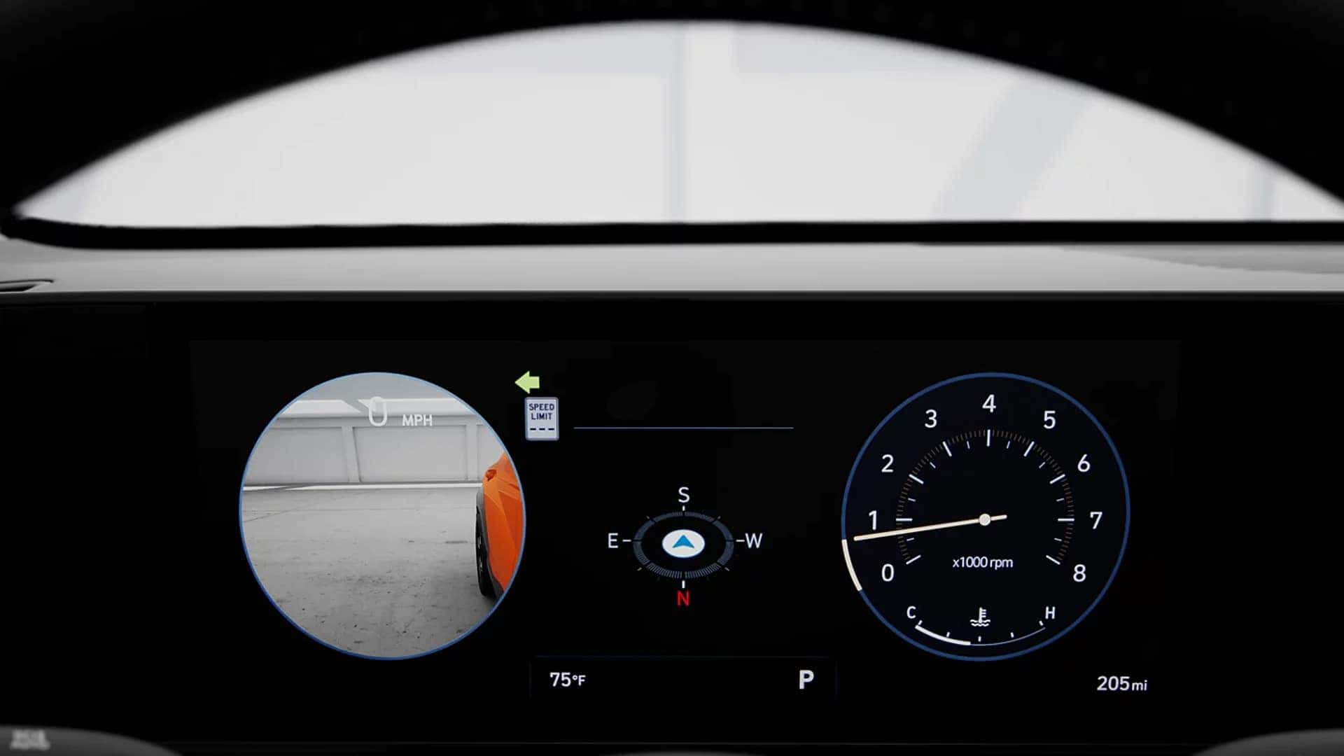 Interior view of the 2026 Hyundai Kona showing driver assistance displays and steering wheel controls used for safety and driving support features