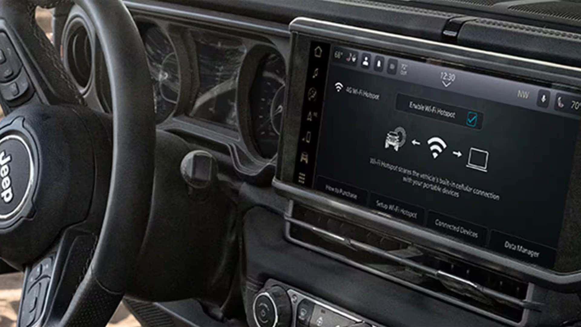 2026 Jeep Gladiator infotainment screen displaying Wi-Fi hotspot connection setup and smartphone integration options