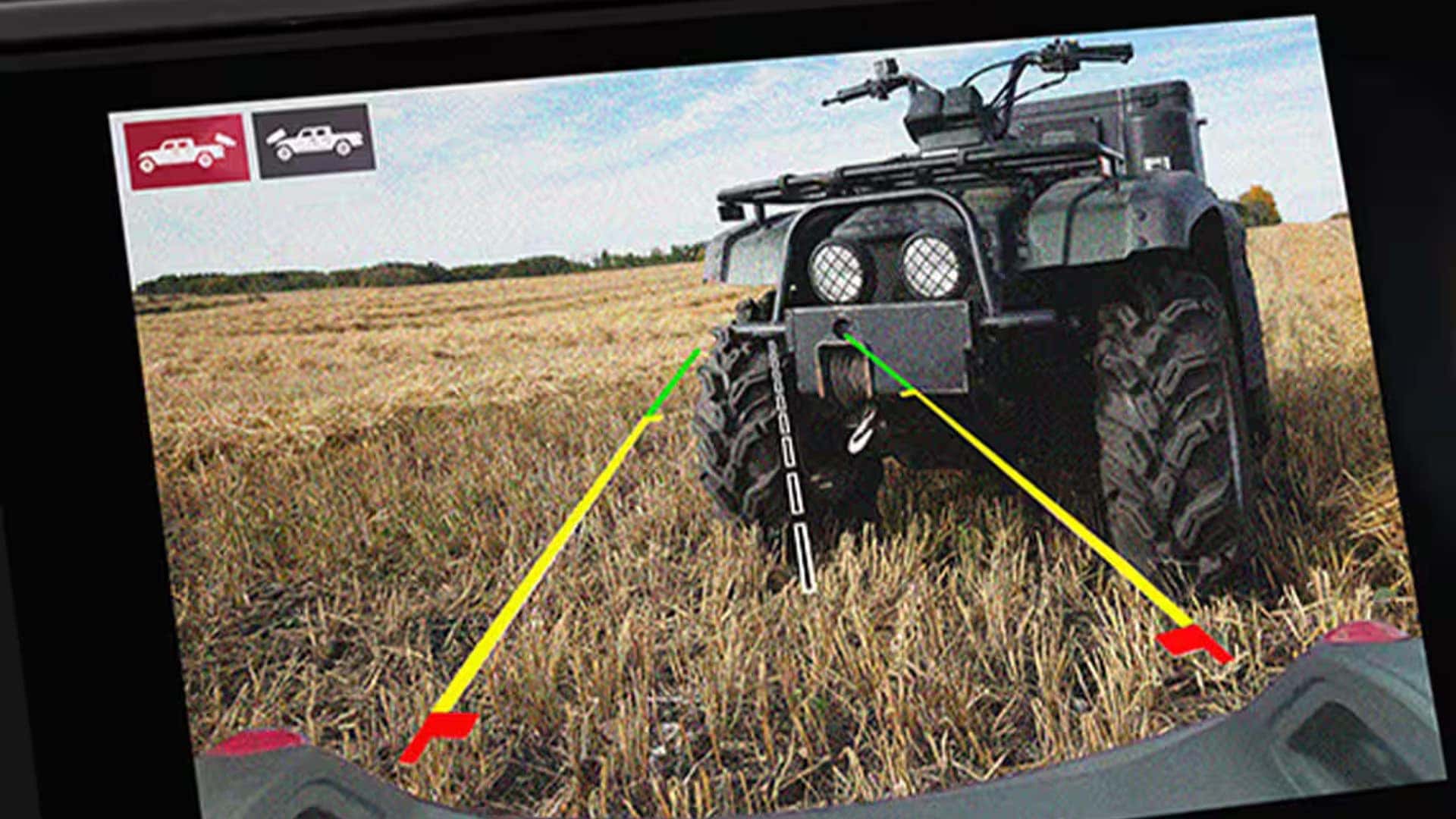 2026 Jeep Gladiator rear camera screen view with guidance lines for aligning to a trailer hitch