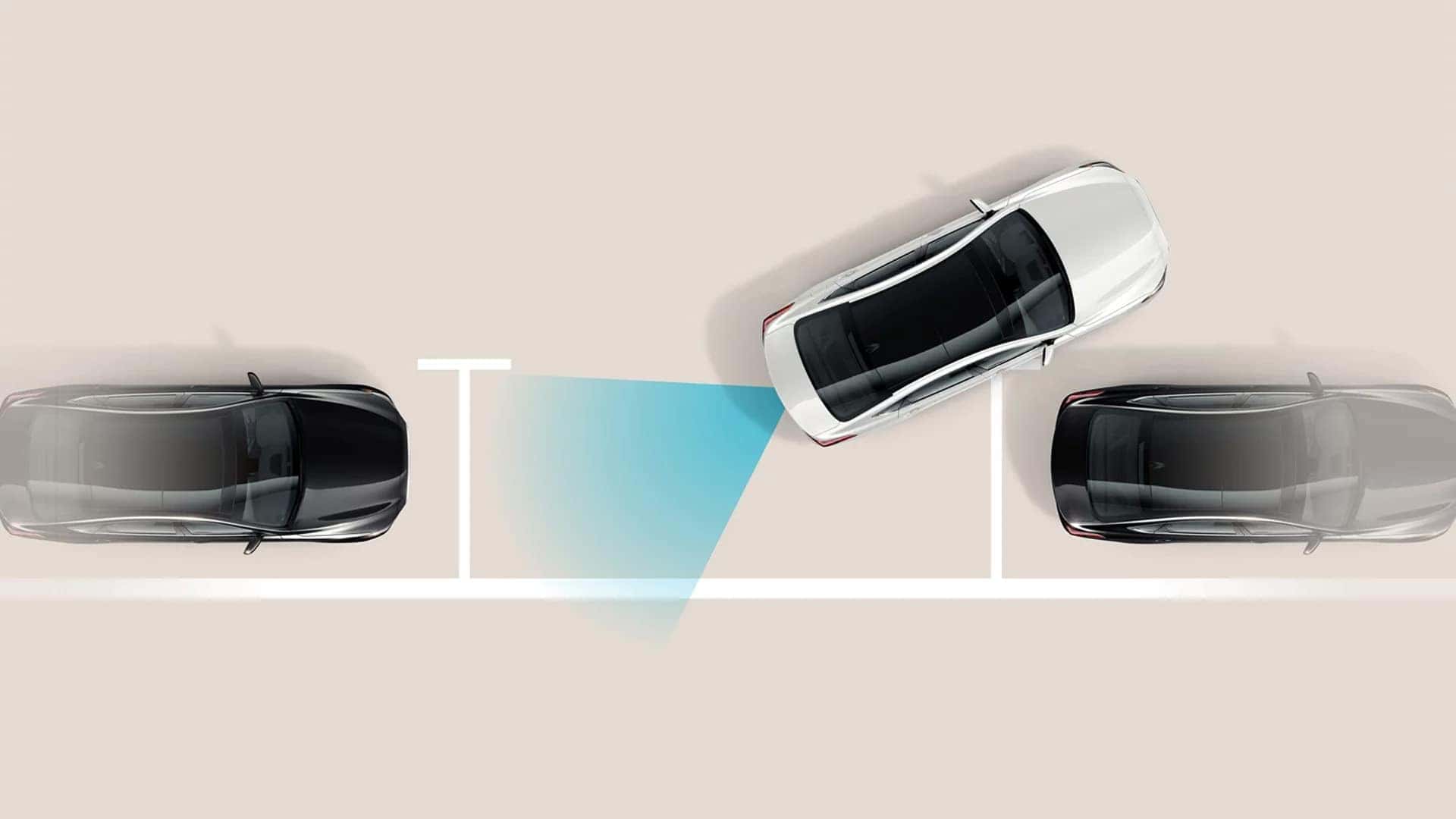 Overhead view illustrating driver assistance technology in the 2026 Hyundai Kona detecting surrounding vehicles while maneuvering into a parking space
