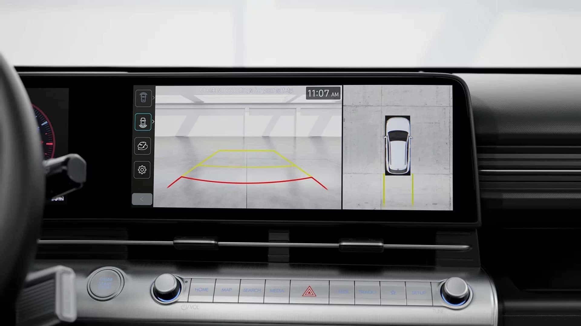 Digital instrument cluster in the 2026 Hyundai Kona displaying speed, navigation guidance, and driver assistance alerts