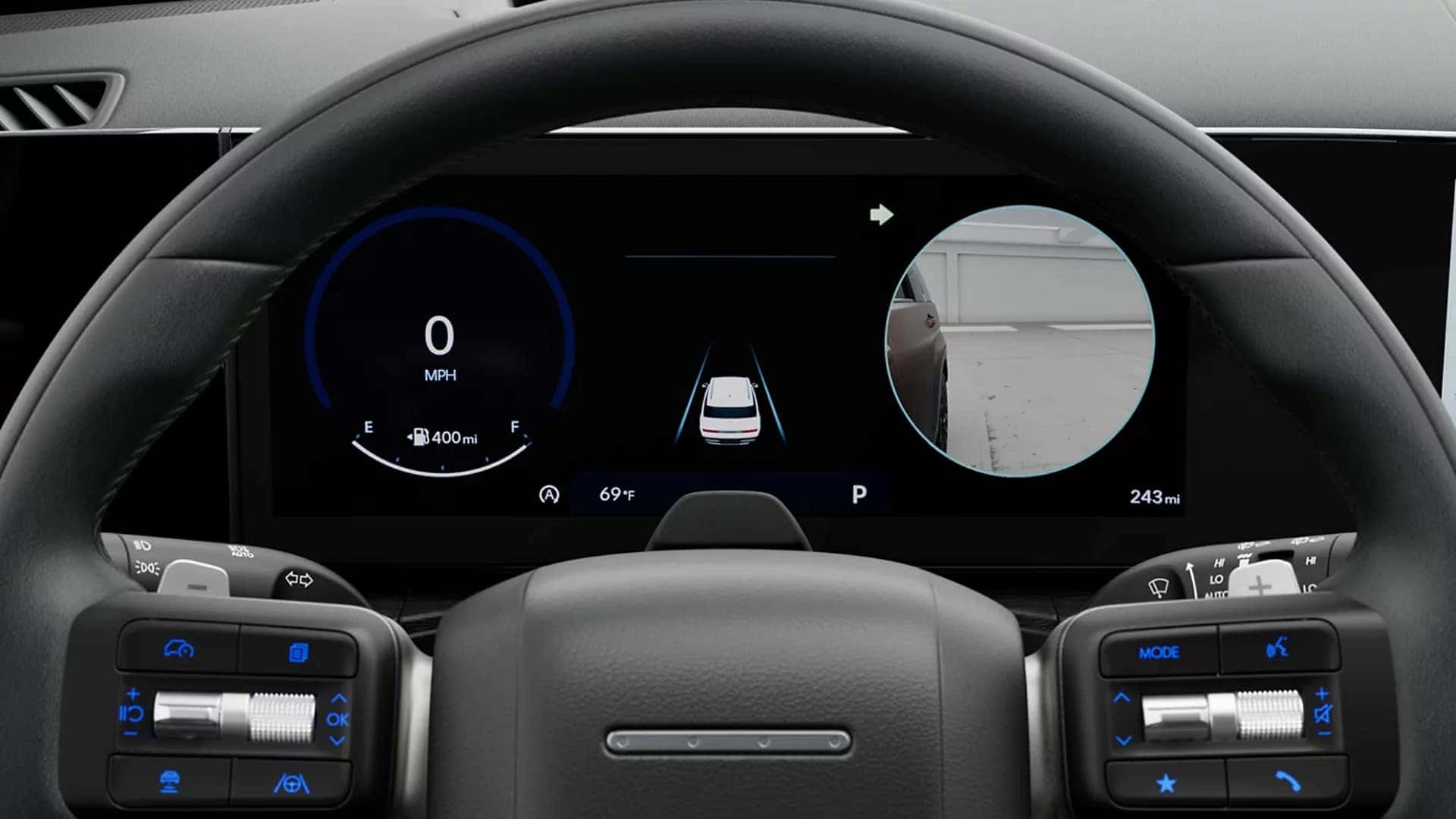 Touchscreen display in the 2026 Hyundai Santa Fe showing surround view camera and parking assistance visuals