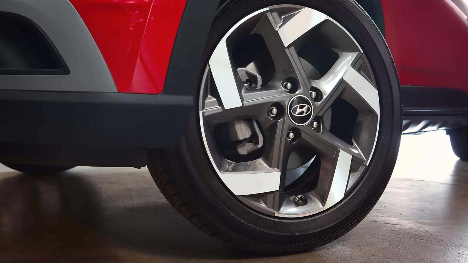 Close up of a 2026 Hyundai Venue 17-inch alloy wheel and tire.