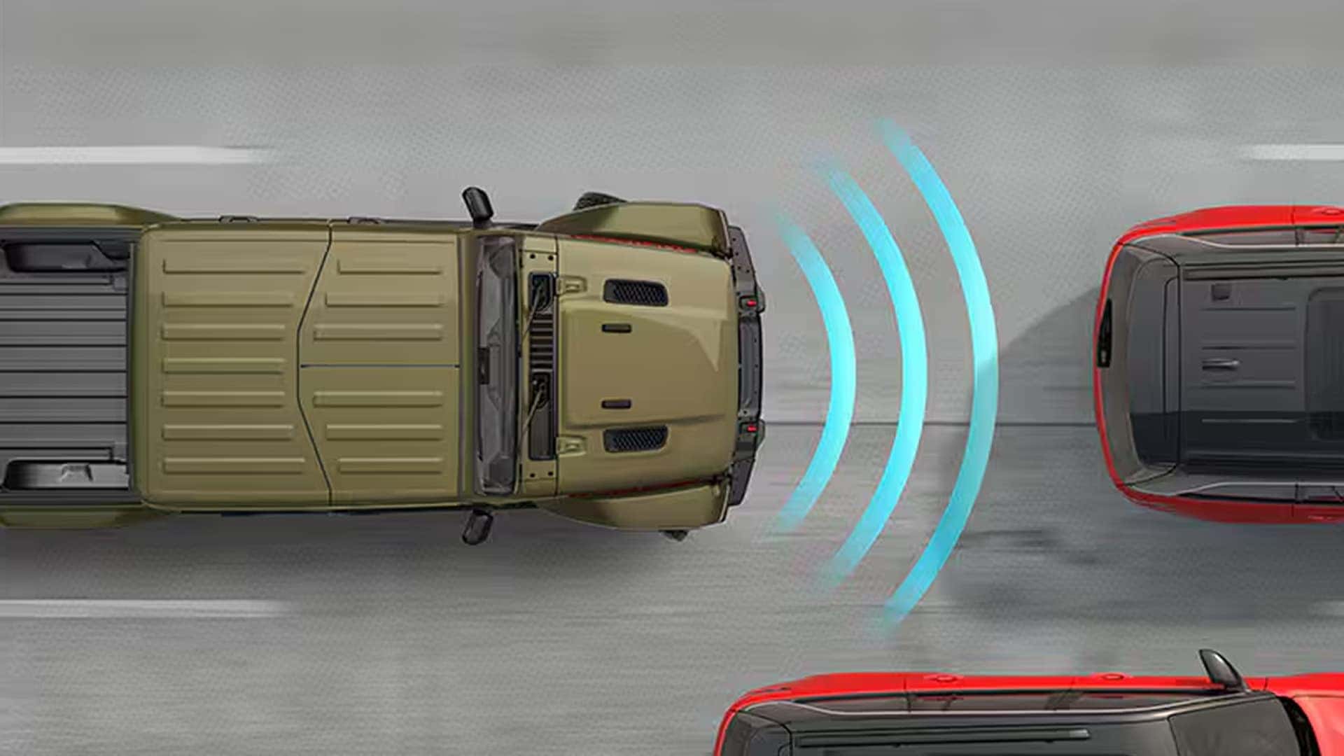 Driver-assist safety graphic showing a 2026 Jeep Gladiator detecting vehicles ahead with forward collision alert sensors