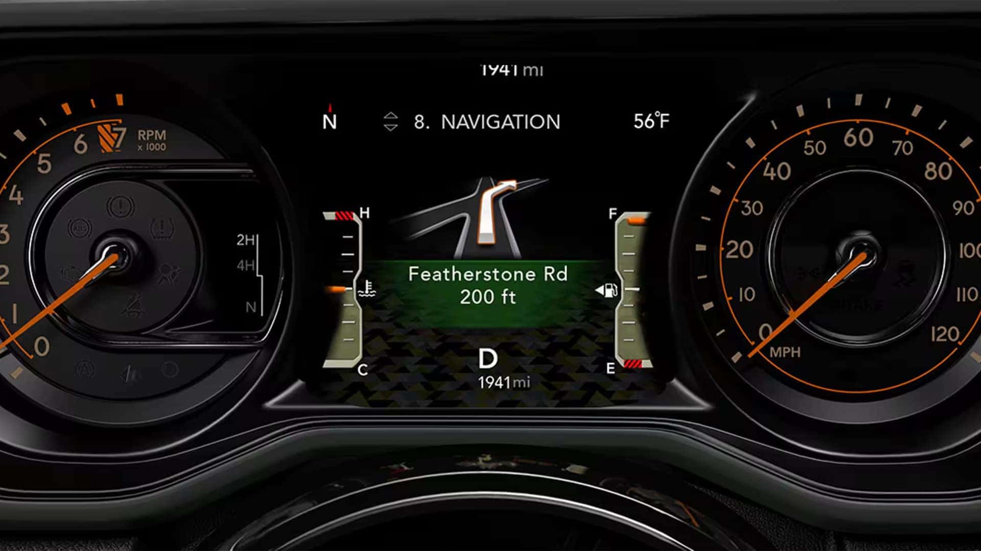 Driver Information Digital Cluster Display in the 2026 Jeep Wrangler showing turn by turn navigation and vehicle gauges