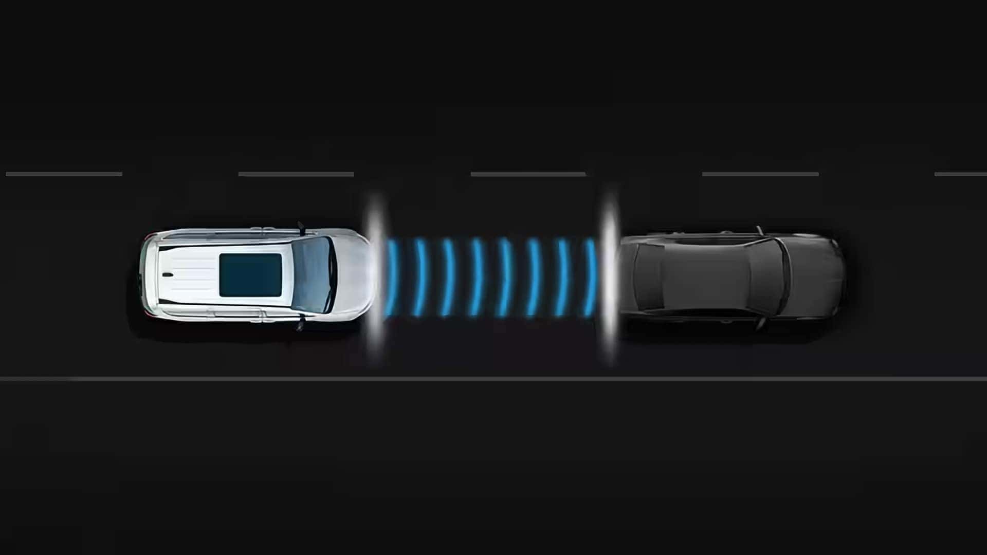Driver assist safety graphic showing a 2026 Chrysler Pacifica detecting a vehicle ahead with forward collision alert sensors