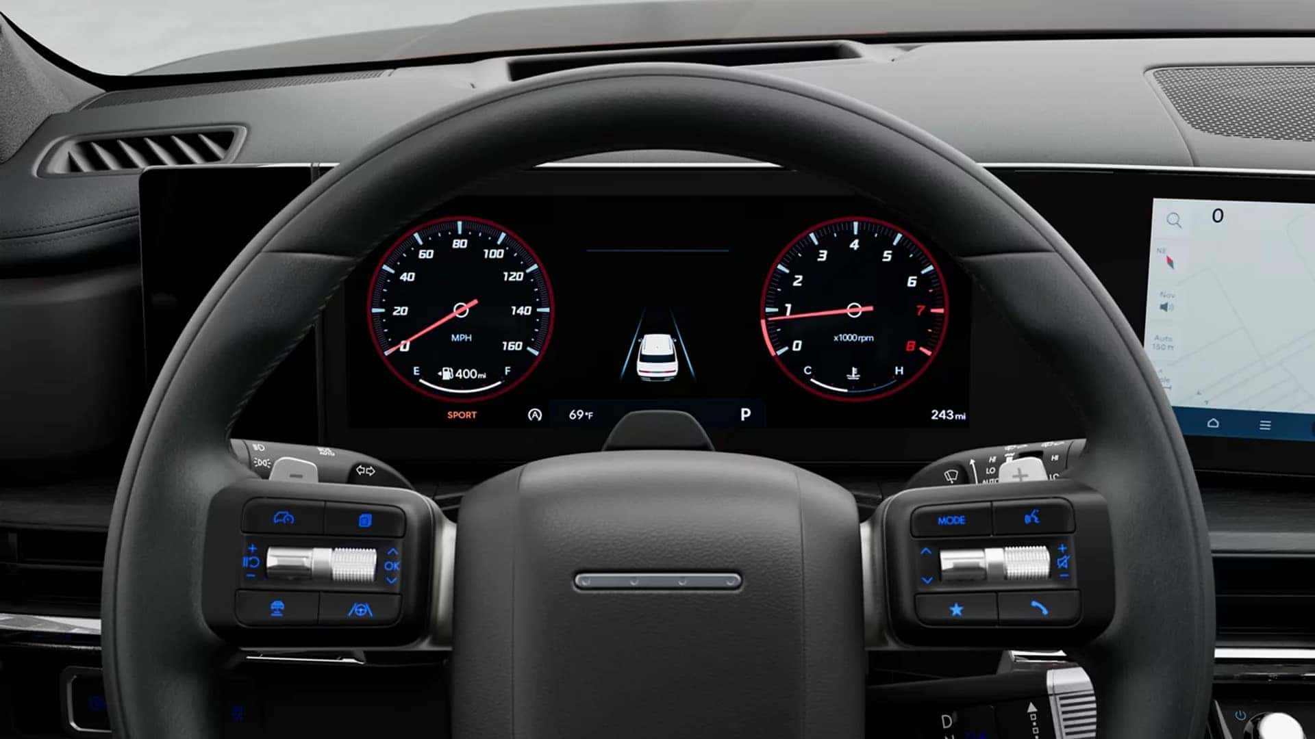 Wide interior view of the 2026 Hyundai Santa Fe dashboard displaying the infotainment screen and digital driver information panel