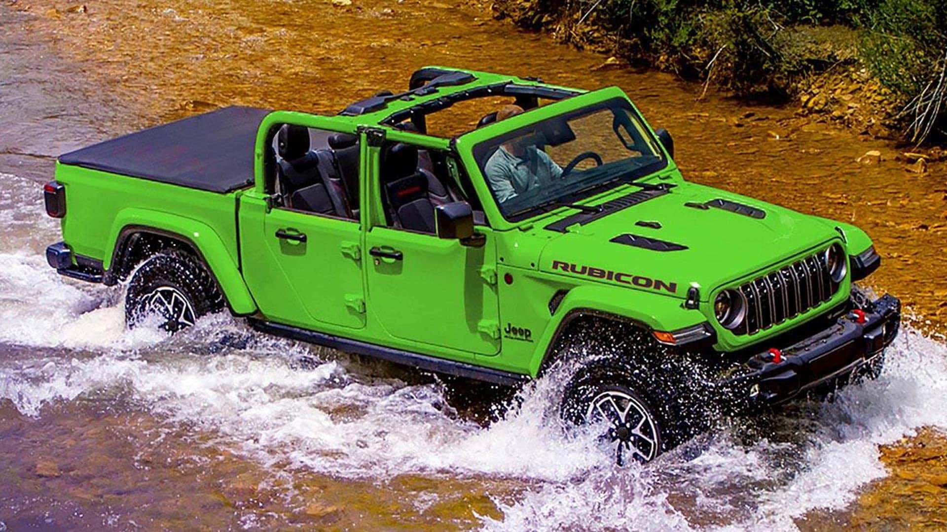 2026 Jeep Gladiator Rubicon driving through shallow water, highlighting ground clearance, approach angle, and open-air capability